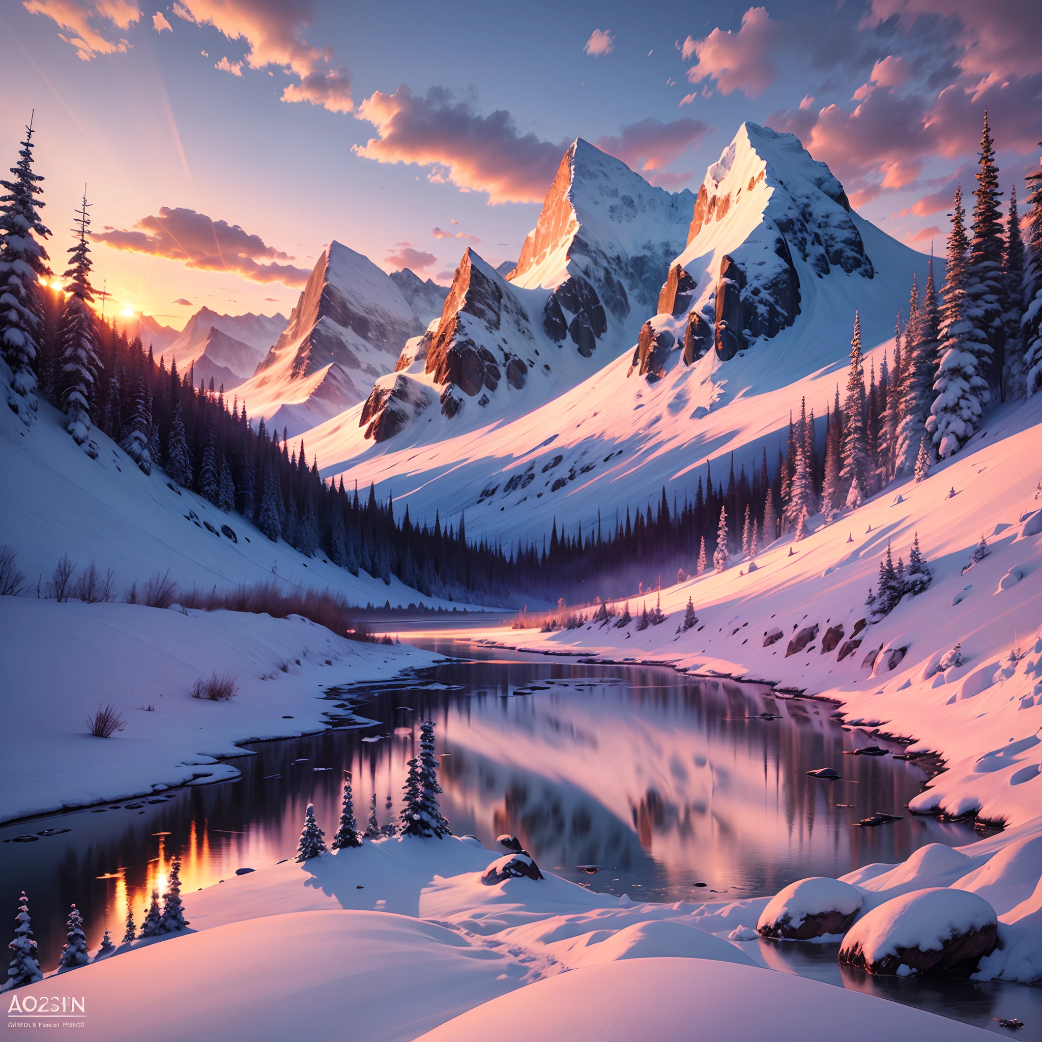 Sunset on snowy alaska mountains shore, god rays, beautiful pink and purple sky --auto --s2