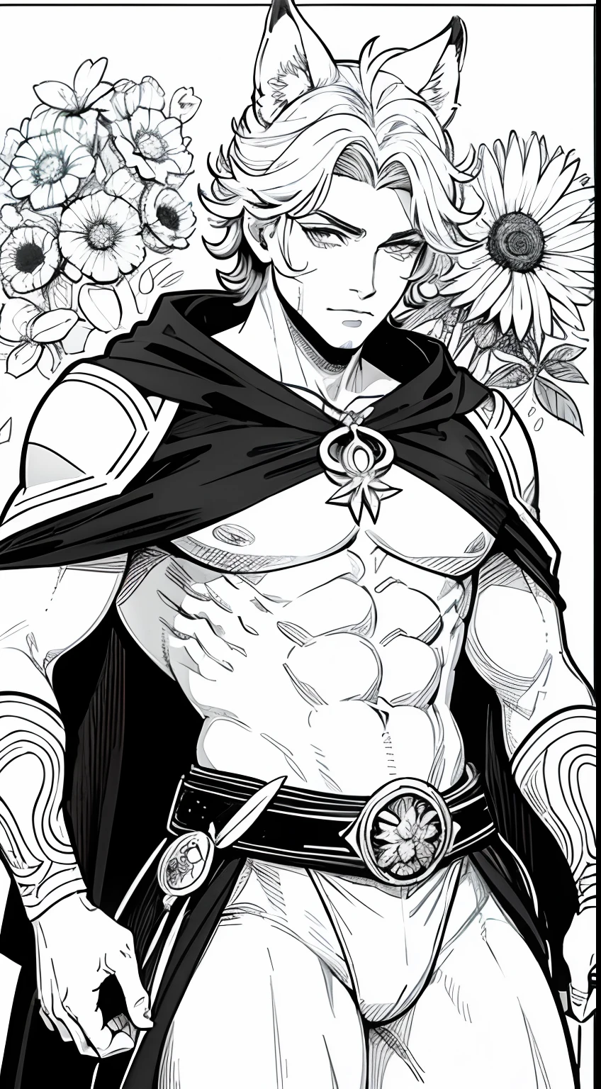 Obra maestra, superlativo, Orejas de zorro, masculino , solamente, Primer plano del busto, flower line drawing background, fondo blanco, monocromo, line drawing, ((bosquejo))