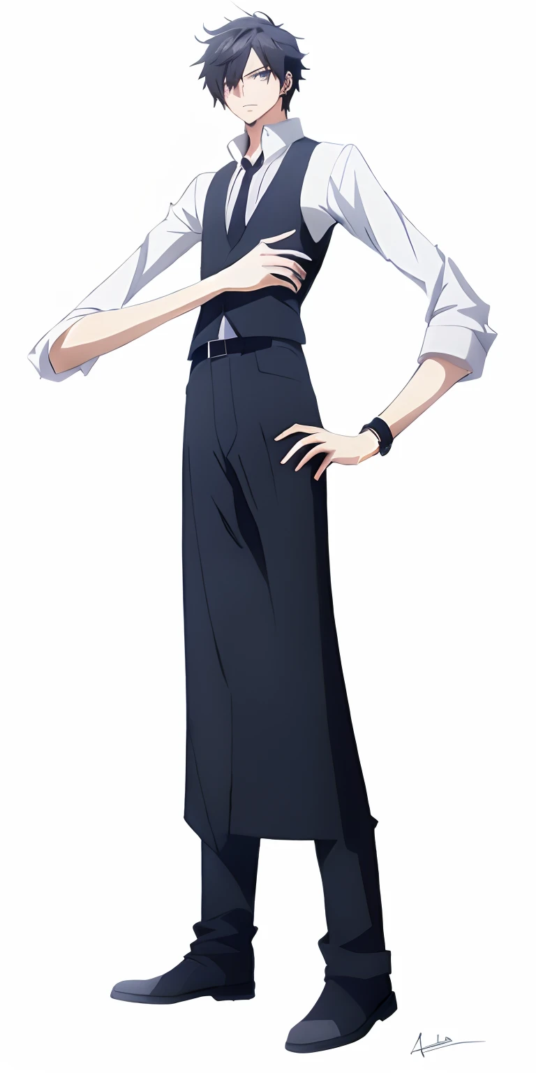 Anime character dressed in black and white standing with his hands on his hips, single character full body, cara de anime alto com olhos azuis, mayuri shiina from steins gate, !!retrato de corpo inteiro!!, Makoto Shinkai, Nice anime pose, imagem de anime shuushuu, anime full body illustration, full body single character, visual chave anime de elegante