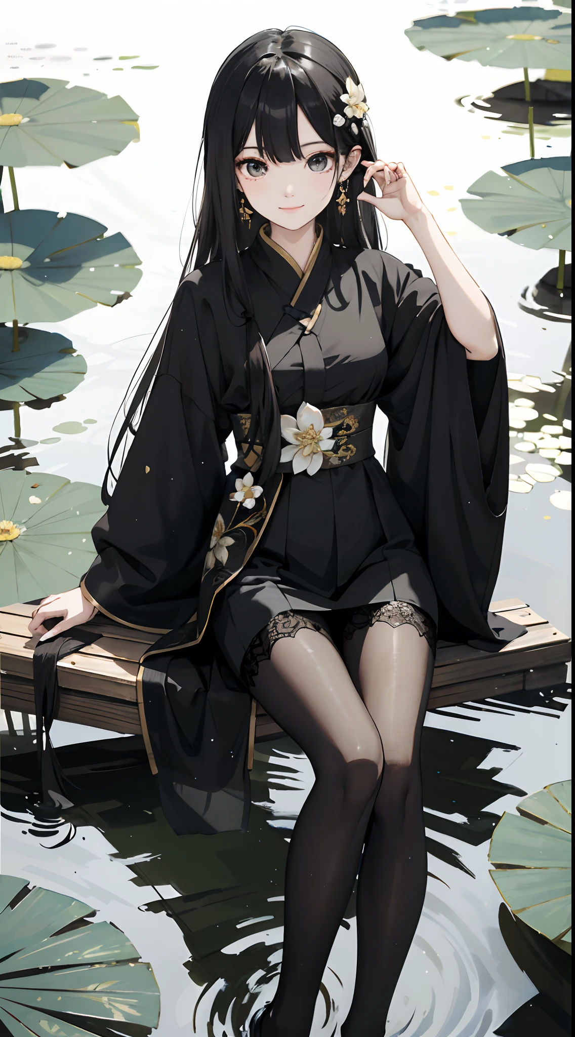 hoang lap，8K high resolution，ultra - detailed，（1girll：1.3），handpainted，Simple lines，-yeld giwearing black Chinese clothing，beuaty girl，In the lotus pond，tmasterpiece，Sit on a plank floating in the water，Floating hair，black pantyhoses，black pantyhoses，looking toward the viewer，ssmile，