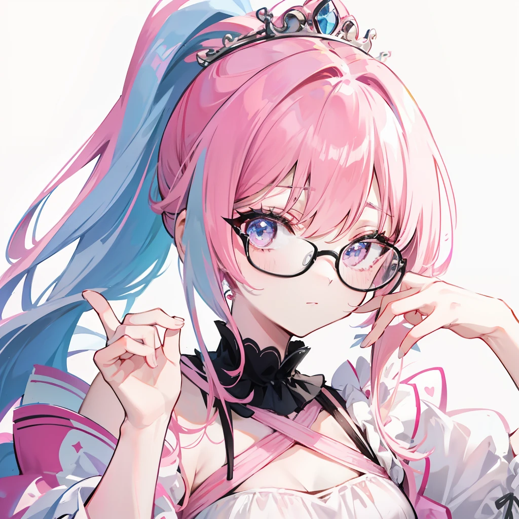 Pink hair,high ponytails,Wear black thick-rimmed glasses,She is a queen-like royal sister,But still lovely,Wear a princess dress that matches pink and white