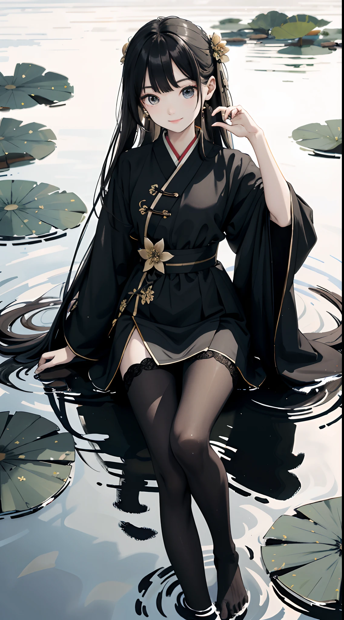 hoang lap，8K high resolution，ultra - detailed，（1girll：1.3），handpainted，Simple lines， wearing black Chinese clothing，beuaty girl，In the lotus pond，tmasterpiece，Sit on a plank floating in the water，Floating hair，black pantyhoses，blackyhoses，looking tothe viewer，ssmile，