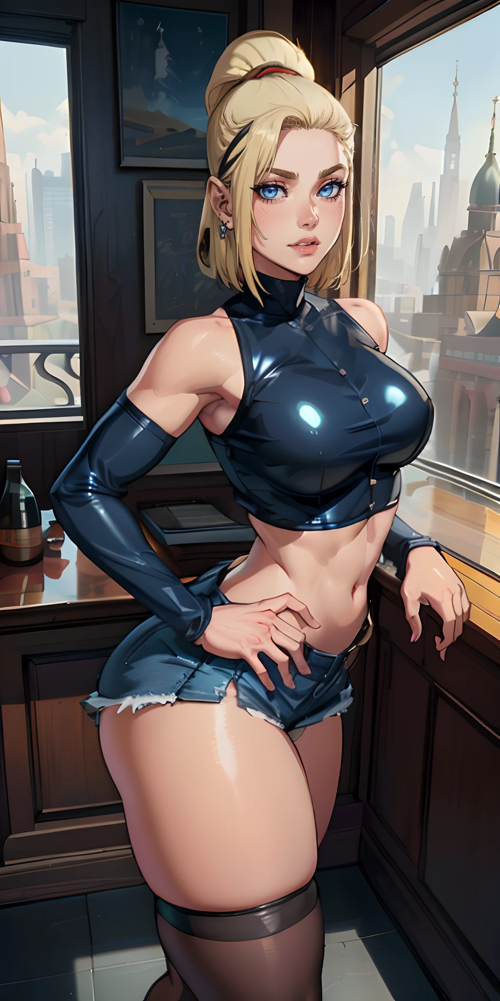 unparalleled masterpiece, ultra realistic 8k CG, perfect artwork, (1girl:1.1) , solo, ((perfect female figure)), (), looking at viewer, mature female, bimbo (android 18) standing, (teasing), best quality:1.1 , seductive posture, sexye, alluring, (beautiful), (curvy), (thick), blonde hair, (blue eyes:1.2), short hair, earrings, jewelry, denim vest, open vest, black pantyhose, black shirt, denim skirt, striped sleeves, blue skirt, toned legs, fit, (abs:1.1), (big butt:1.4), peach ass, (athletic body:1.2), (large breasts:1.3, (big_breasts:1.1), wide_hips:1.5, narrow waist, small waist:1.5, slender body:1.2, thick thighs:1.3), (shiny skin:1.2), (hdr), (street:1.2), Nikon D850 film stock photograph Kodak Portra 400 camera f1.6 lens, rich colors, lifelike texture, dramatic lighting, unreal engine, trending on ArtStation, by Gerald Brom, by Frank Frazetta, by Luis Royo, by Julie Bell, by Boris Vallejo