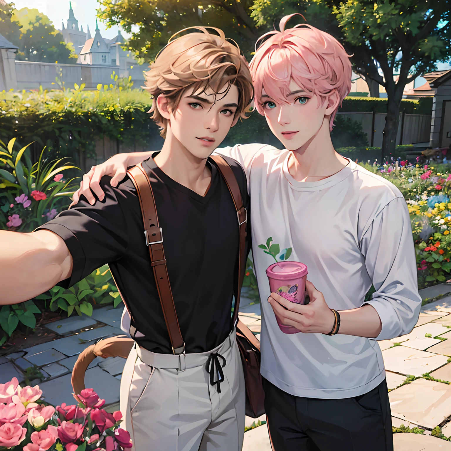 (absurdres, highres, ultra detailed, HDR), masterpiece, best quality, anime boy with light brown hair, Anime boy with light pink hair, green eyes, 2 friends, smile, sunshine, garden, handsome, short hair, villa, looking at viewer, detailed face, ( black shirt ), cool boys, cold male, 8K, Best Quality, Masterpiece, Ultra High Resolution, (Realism: 1.4), Original Photo, (Realistic Skin Texture: 1.3), (Film Grain: 1.3), (Selfie Angle), Pink boy hold a cat, short pink hair.