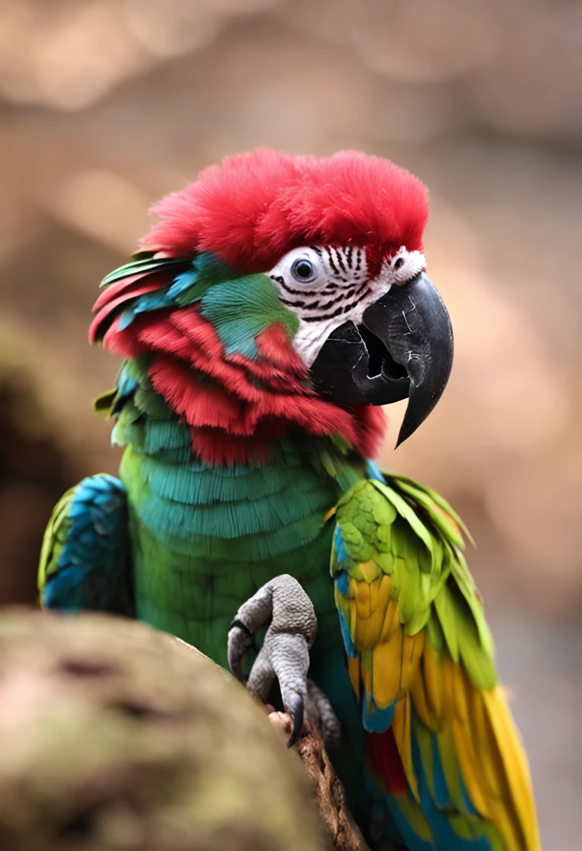 parrot fofa que se assemelha a um coelho misturado com uma cenoura, 可爱, fofo, peludo, Felpudo, Floresta, Cogumelos, wearing a mushroom hat