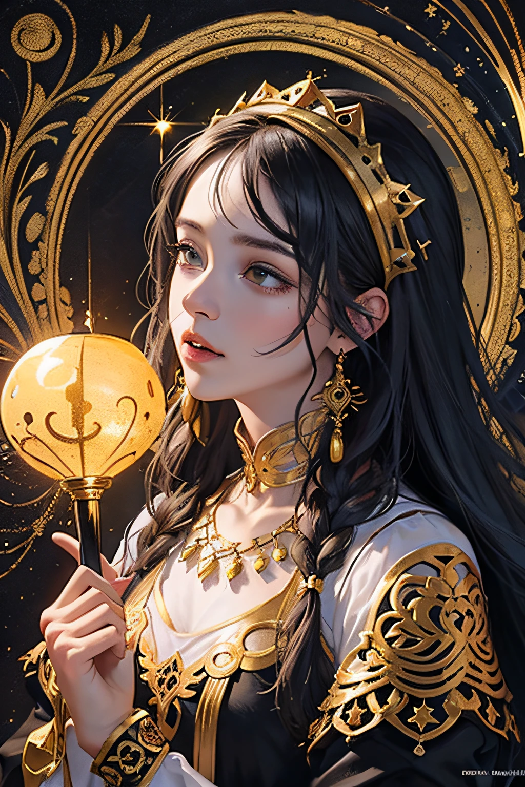 (masterpiece, top quality, best quality, official art, beautiful and aesthetic:1.2), (1girl), extreme detailed,colorful,highest detailed, official art, unity 8k wallpaper, ultra detailed, beautiful and aesthetic, beautiful, masterpiece, best quality, (zentangle, mandala, tangle, entangle) ,holy light,gold foil,gold leaf art,glitter drawing, PerfectNwsjMajic