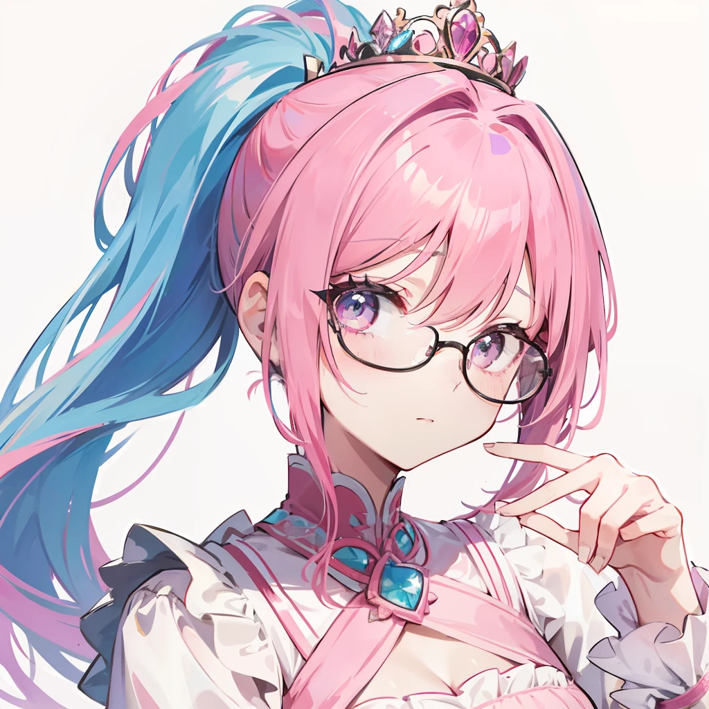 Pink hair,high ponytails,Wear black thick-rimmed glasses,She is a queen-like royal sister,But still lovely,Wear a princess dress that matches pink and white