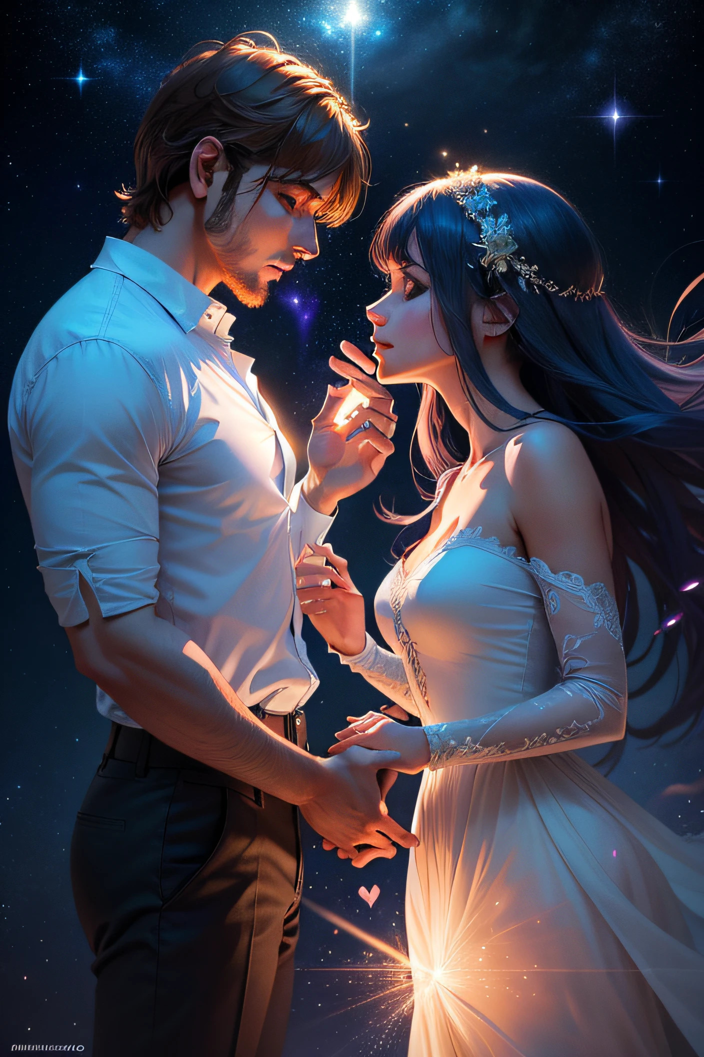 "Por favor, Create an image that encapsulates the fusion between human love and the supernatural realm, with projections of the heart extending across the universe. The scene should depict a man in love and a woman's spirit in love, sharing an intense and transcendental connection.
Visualize a scenario where reality and spirituality intertwine. No centro da imagem, A man with a passionate look finds himself holding hands with a feminine spirit. She's ethereal, with a soft and translucent glow, evoking a supernatural presence.
From the heart of man, radiates a luminous and sparkling heart, estendendo-se para envolver ambos. The projections of the heart create a radiant aura that connects the couple in love to the celestial and cosmic realm.
The projections of the heart also turn into trails of light that run through starry space. Some projections take the form of flowers and leaves, enquanto outras ascendem como raios de luz, Connecting to the stars and constellations, symbolizing the union between the human and the divine.
A paleta de cores deve incluir tons suaves de azul, roxo e dourado, criando uma atmosfera de romance e misticismo. The soft light emanating from the projections and aura gives the image a sense of wonder and enchantment.
The resulting image should capture the deep connection between man and the feminine spirit, with the heart as a link between the earthly and the spiritual, as they venture into the supernatural and cosmic realm."