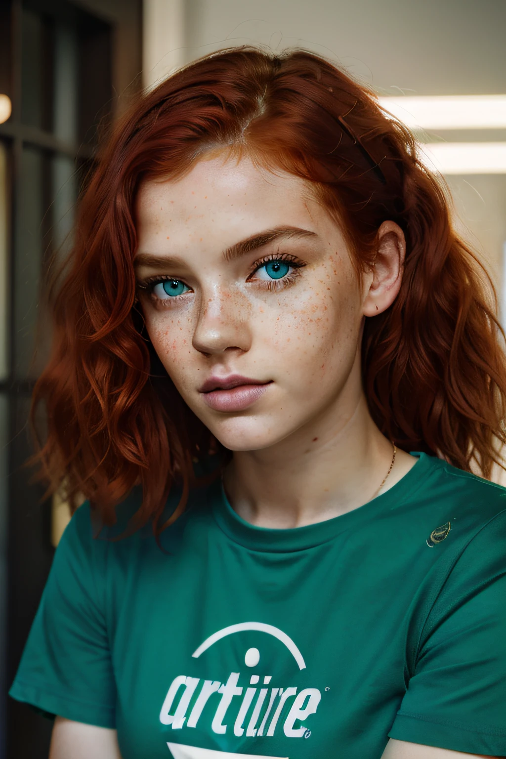 1girl in, age14, Solo, Aesthetic artwork, irish redhead, wavy ginger hair, shoulder length ginger hair, gray eyes, light grey eyes, some small freckles, pale skin, small breasts, runners body, fullbody shot, perfect tense, (textured skin, skin pores:1.1), (moles:0.8), imperfect skin, goosebumps, wearing rock concert t shirt, in a soccer field, staring staring away at nothing, sad, depressed expression, (extremely detailed 8k wallpaper), soft lighting, high quality, film grain, Fujifilm XT3 sharp focus, f 5.6, 50mm, High Detail, Sharp focus,(natural light), (seductive), Realistic, ultra realistic, photo realistic, crazy details, complex details, hyper detailed,