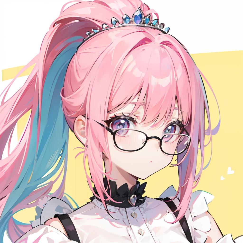 Pink hair,high ponytails,Wear black thick-rimmed glasses,She is a queen-like royal sister,But still lovely,Wear a princess dress that matches pink and white