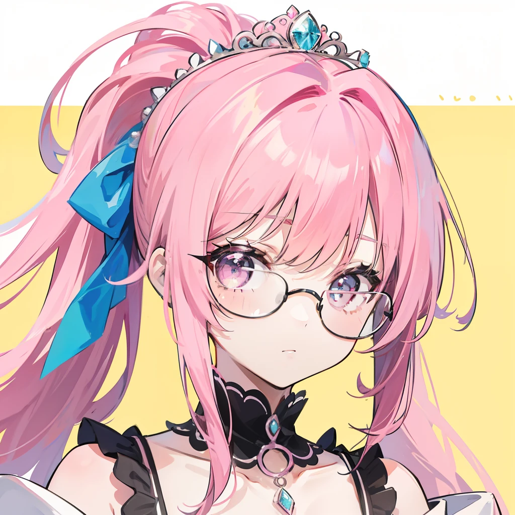 Pink hair,high ponytails,Wear black thick-rimmed glasses,She is a queen-like royal sister,But still lovely,Wear a princess dress that matches pink and white