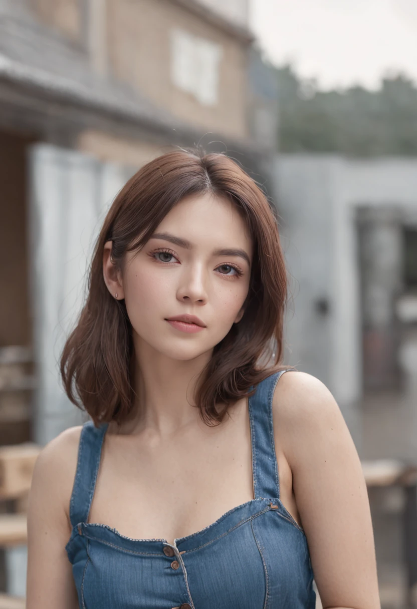 hyper HD, masutepiece, Best Quality, 8K, tea shop, Some tables, Several chairs, Instagram, minimalism, 1girll, Blue denim shirt, Blue jeans,