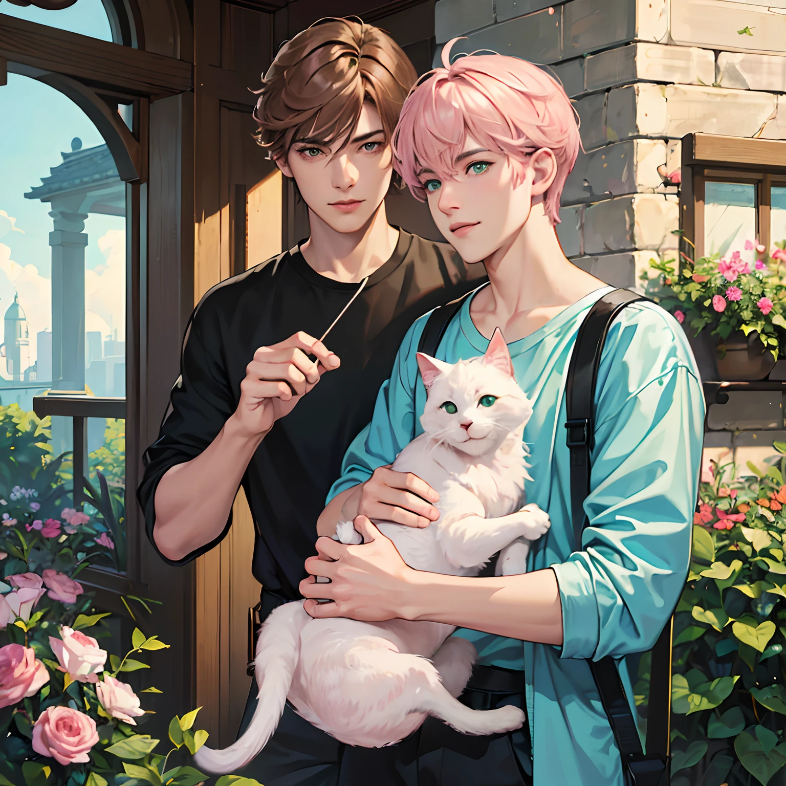(absurdres, highres, ultra detailed, HDR), masterpiece, best quality, anime boy with light brown hair, Anime boy with light pink hair, green eyes, 2 friends, smile, sunshine, garden, handsome, short hair, villa, looking at viewer, detailed face, ( black shirt ), cool boys, cold male, 8K, Best Quality, Masterpiece, Ultra High Resolution, (Realism: 1.4), Original Photo, (Realistic Skin Texture: 1.3), (Film Grain: 1.3), (Selfie Angle), Pink boy hold a cat, short pink hair.