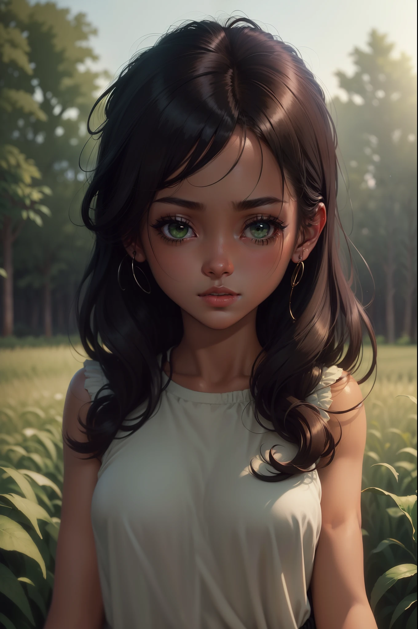 {(Darkness scene:1.2), (1995 illustration style:1.3), (8k wallpaper:1.1),(desolated:1.1)}, (1 girl) [(brown skin girl:1.2), (medium hair), (black hair), (20 years old), (black eyes), (happy), (depressed), (Social clothes)] (background: green field)