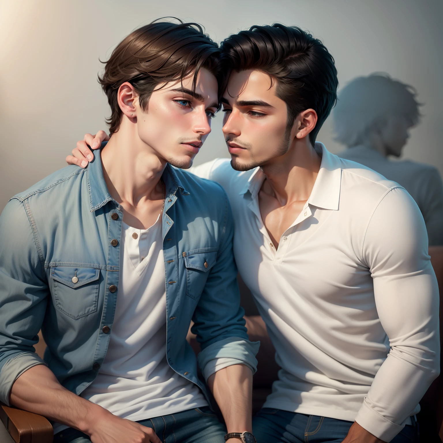 Dois jovens americanos homens beijando o outro. Um vestindo camisa polo azul, holding a bible and jeans and the other wearing white blouse with dark jacket. Evangelical church background.