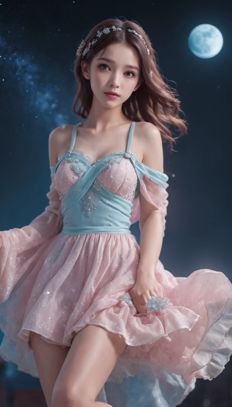 (best qualtiy,tmasterpiece), Beautiful teenage girl, Beautiful goddess, Raised sexy, period costume, short skirt, One shoulder, hair adornments, the night, starrysky, cold light, (in pink, cyan colors, white colors), ((from below)), ((full body)), ((realistic))