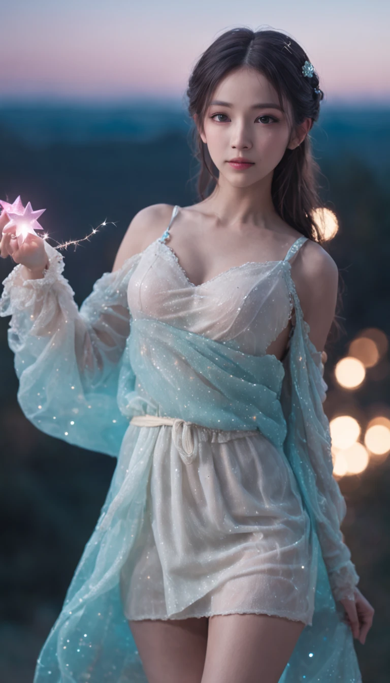 (best qualtiy,tmasterpiece), Beautiful age girl, Beautiful goddess, Raised sexy, period costume, short skirt, One shoulder, hair adornments, the night, starrysky, cold light, (in pink, cyan colors, white colors), ((from below)), ((full body)), ((realistic))