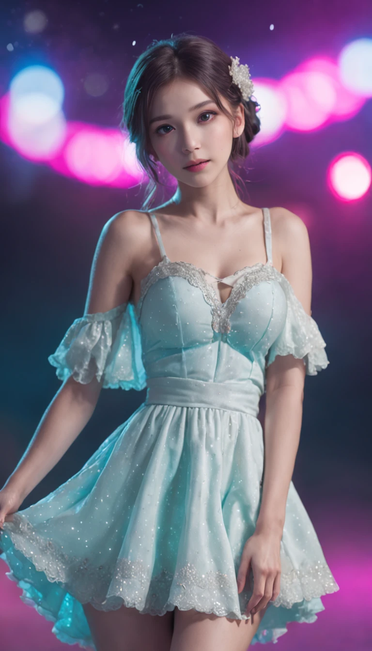 (best qualtiy，tmasterpiece), Beautiful teenage girl, Beautiful goddess, Raised sexy, period costume, short  skirt, One shoulder, hair adornments, the night, starrysky, cold light, (in pink, cyan colors, white colors), ((from below)), ((full body)), ((realistic))