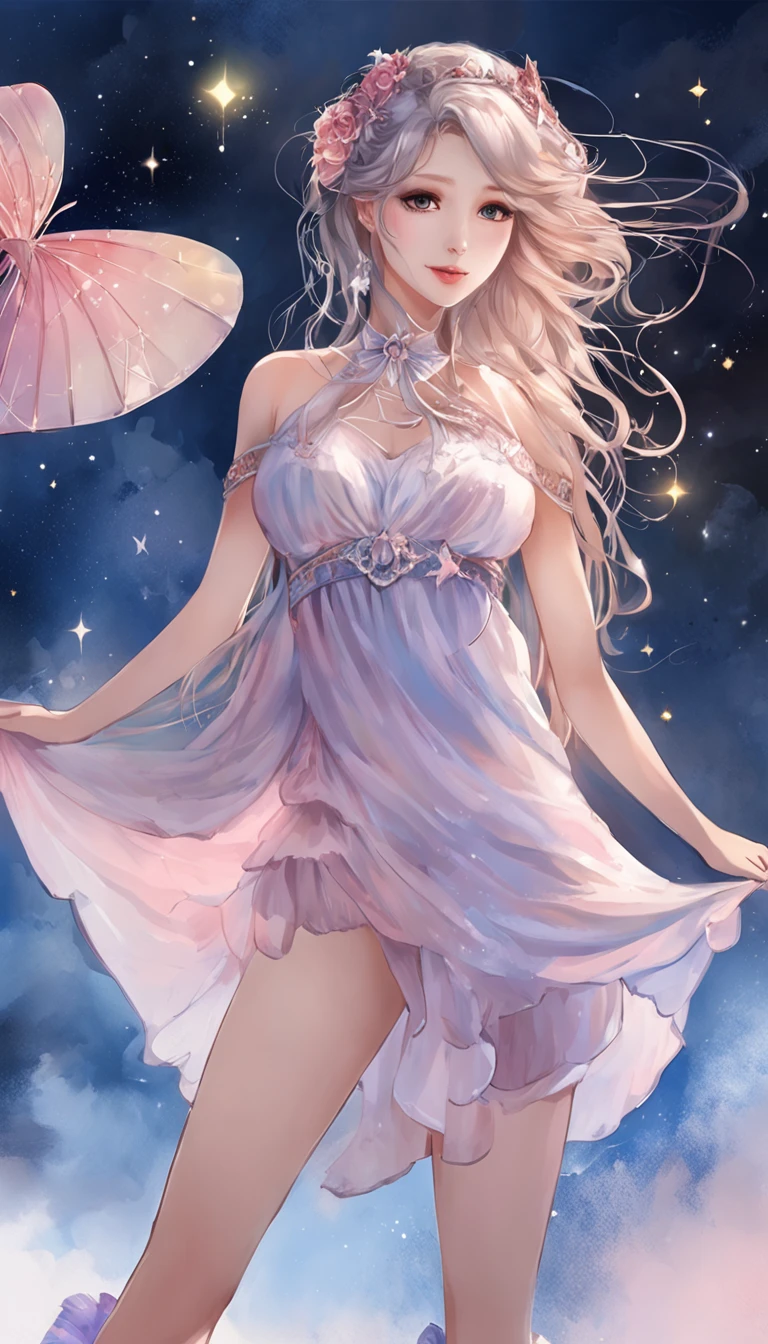 best quality, super fine, 16k, incredibly absurdres, extremely detailed, delicate and dynamic, furry, cool and beautiful pretty white woman, cat ear, iridescent white messy hair, captivating look, aroused expression, wearing camisole dress with lace embroidery, superlative body proportion, cute pose, sparkling gold eyes, moon, night, stars