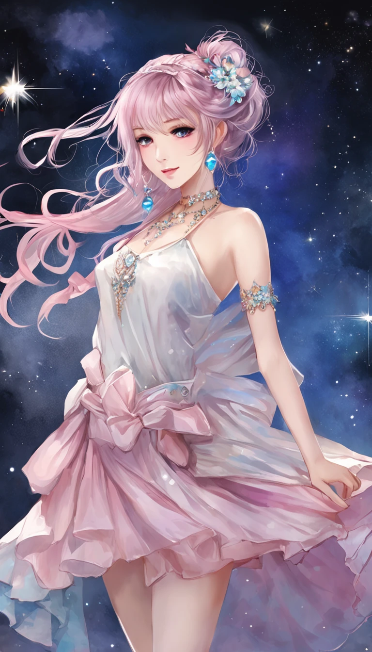(best qualtiy,tmasterpiece), Beautiful teenage girl, Beautiful goddess, Raised sexy, period costume, short skirt, One shoulder, hair adornments, the night, starrysky, cold light, (in pink, cyan colors, white colors), ((from below)), ((full body)), ((realistic))