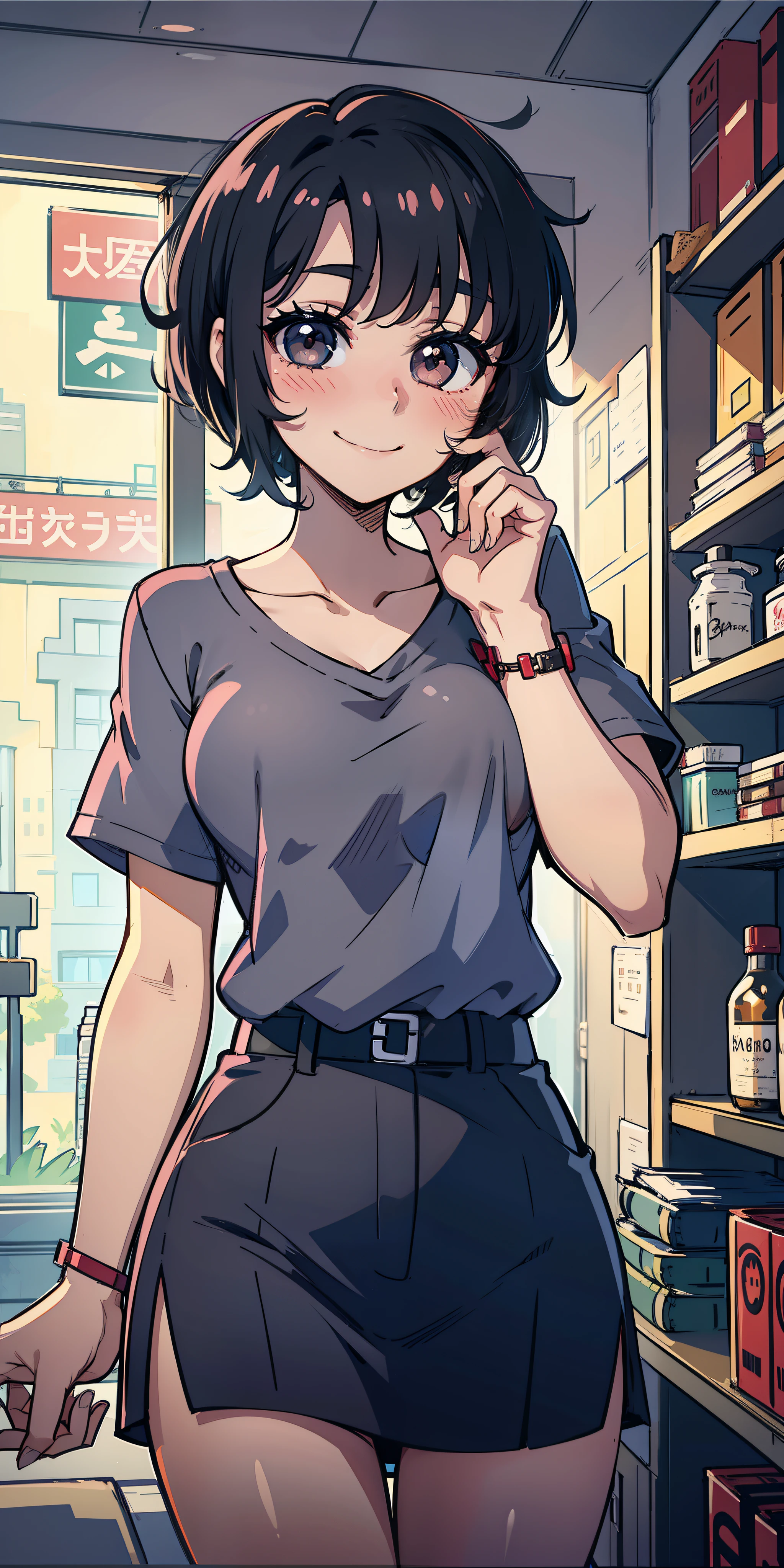 Girl, short black hair, smile, blush, black eyes
