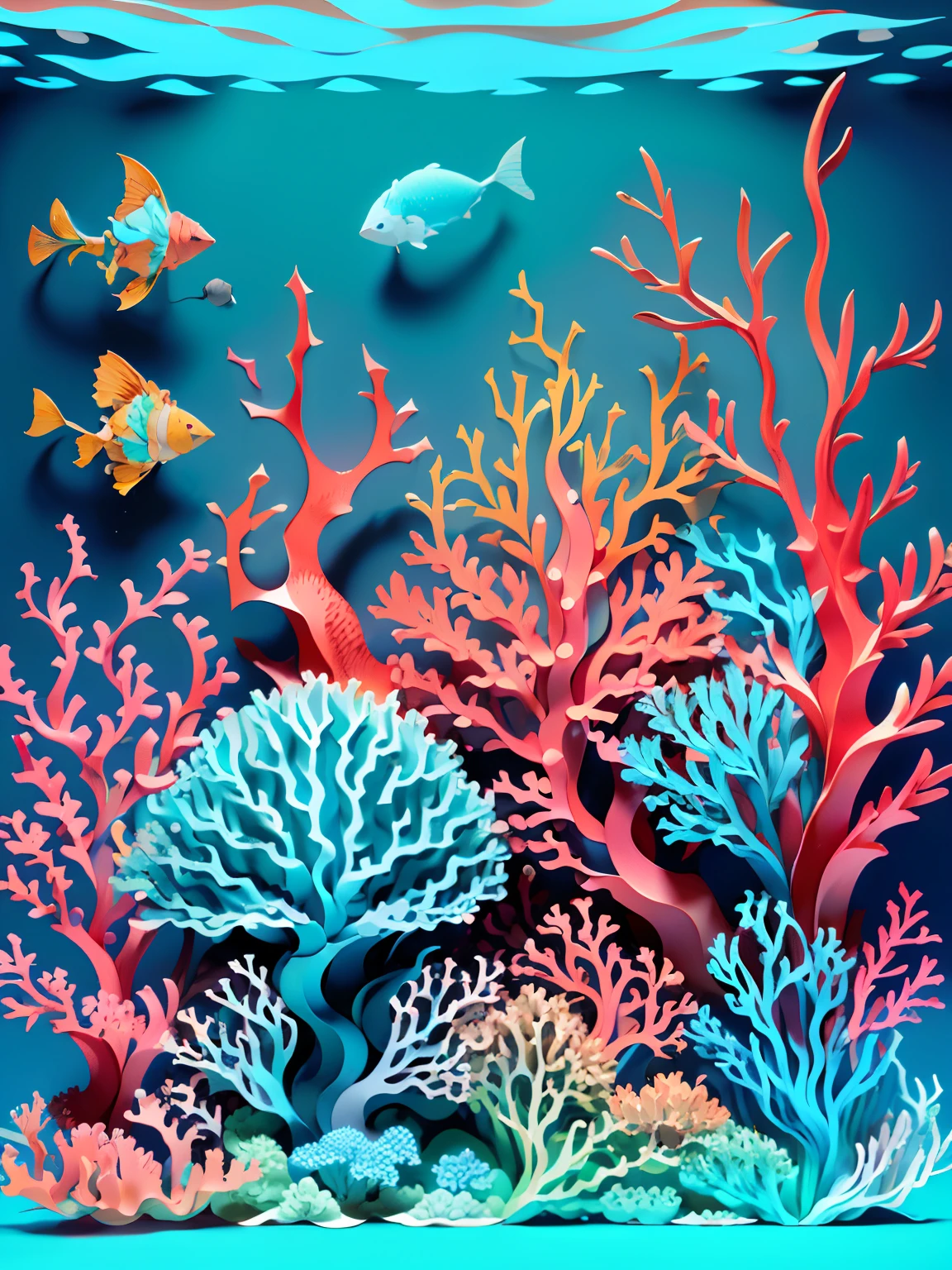 (((masutepiece))),Best Quality, Illustration,  shallow water , Sparkling water surface,  paper_cut,AngelT, colorful corals,Rays from above,Air bubbles rising from the seabed