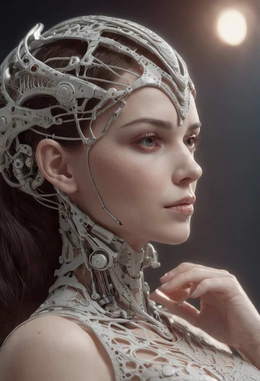 complex 3d render ultra detailed of a beautiful porcelain profile woman android face, Cyborg, cyborg robot parts, 150 mm, Beautiful studio soft light, rim-light, vibrant detail, Luxurious cyberpunk, Lace, Hyperrealistic, anatomically, face muscles, Cable Electrical Wire, micro Chip, elegant, Beautiful background, rendering by octane, h. r. Giger style, 8K, Best quality, Masterpiece, illustration, An extremely delicate and beautiful, Extremely detailed ,CG ,Unity ,the wallpaper, (Realistic, photo-realistic:1.37),Amazing, finedetail, Masterpiece,Best quality,offcial art, Extremely detailed CG unifies 8K wallpapers, absurderes, unbelievable Ridiculous, robot, silver halmet, full bodyesbian, Sitting