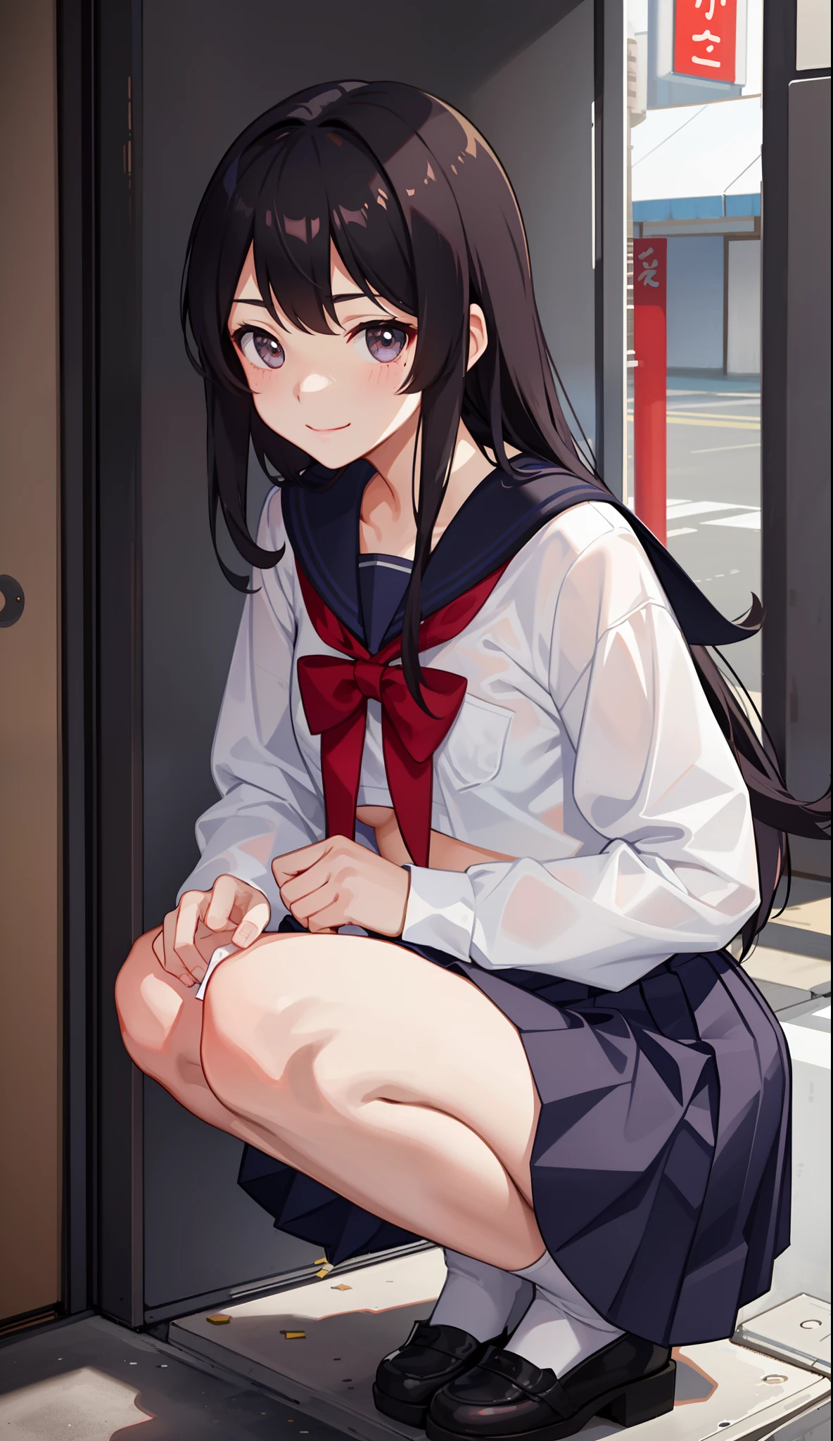 1girl in、A smile、The shirt、skirt by the、(small tits)Chilarism、Japan High School Student Uniform、serafuku、summer clothing、(Sheer Bra)、Upper body portrait、Squatting panchira、