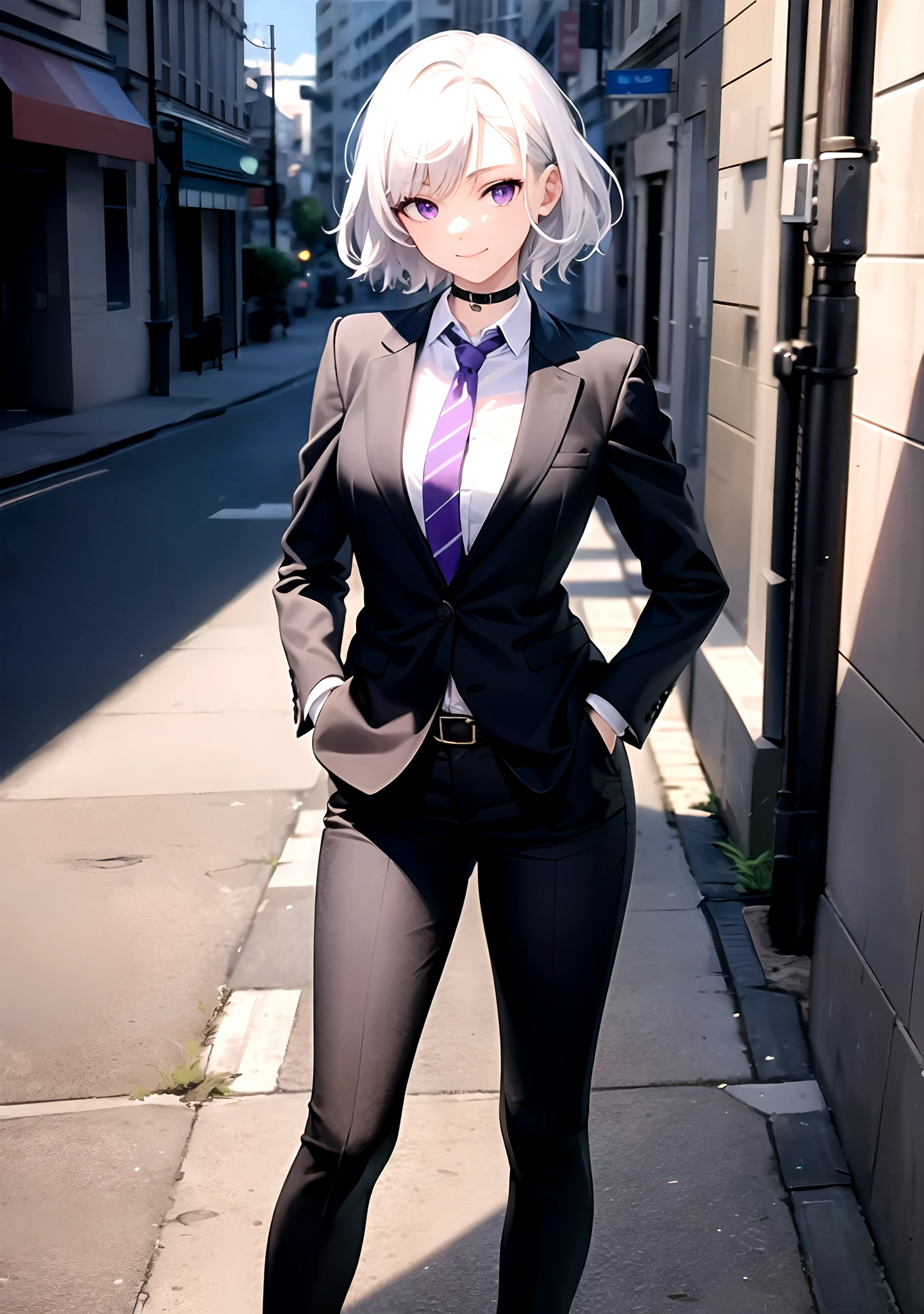 (masterpiece, best quality:1.2), cowboy shot, solo, 1girl, white hair, short wavy hair, purple eyes, average breasts, slender body, light smile, looking at viewer, hands in pockets, formal, suit, necktie, black pants, choker, cityscape scenery, street