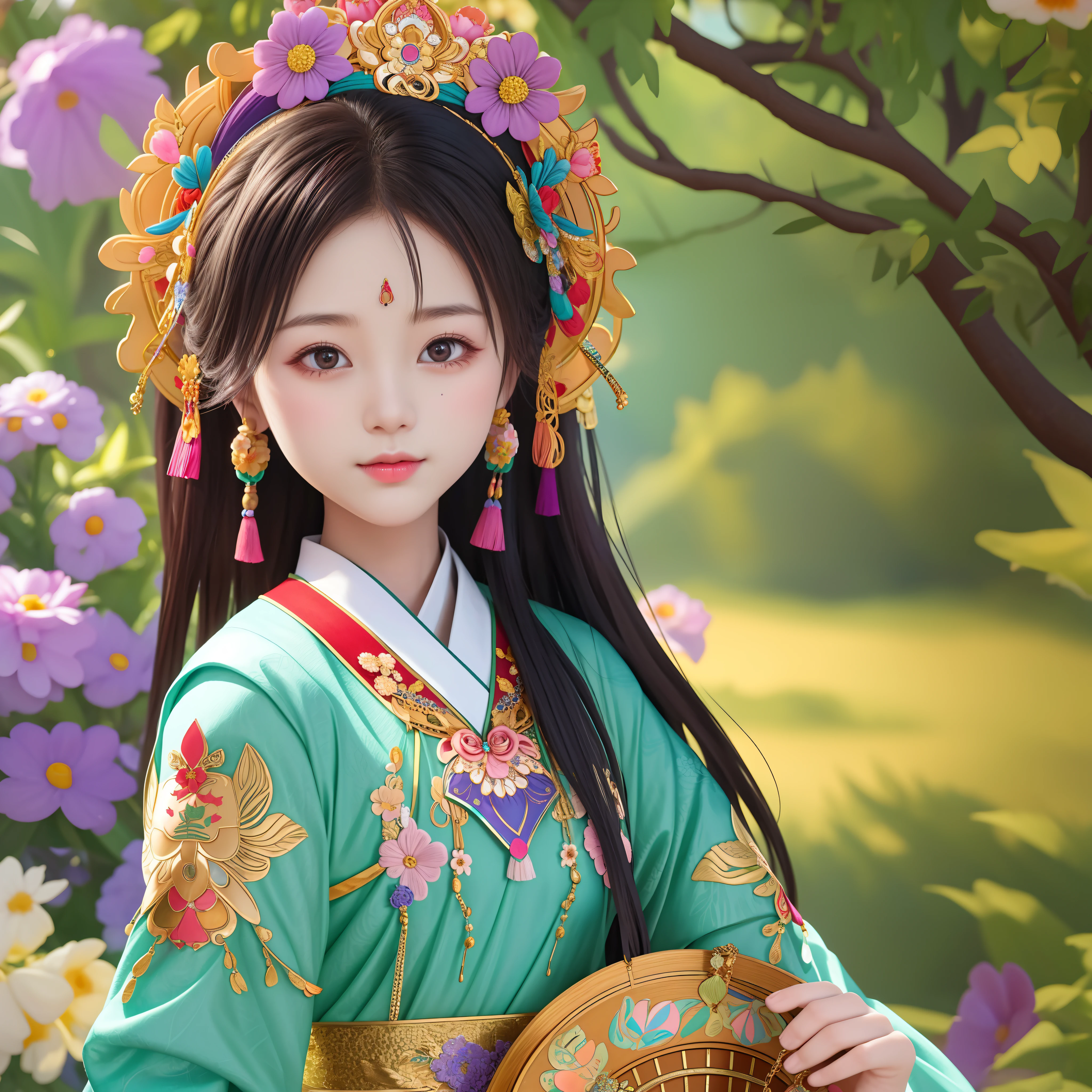 masterpiece, best quality,beautiful face,beautiful eyes,looking at viewer,The Hmong girl, adorned with intricate embroidery and colorful accessories, exudes grace and elegance as she carries a basket filled with vibrant flowers, symbolizing the harmony between humanity and the natural world.