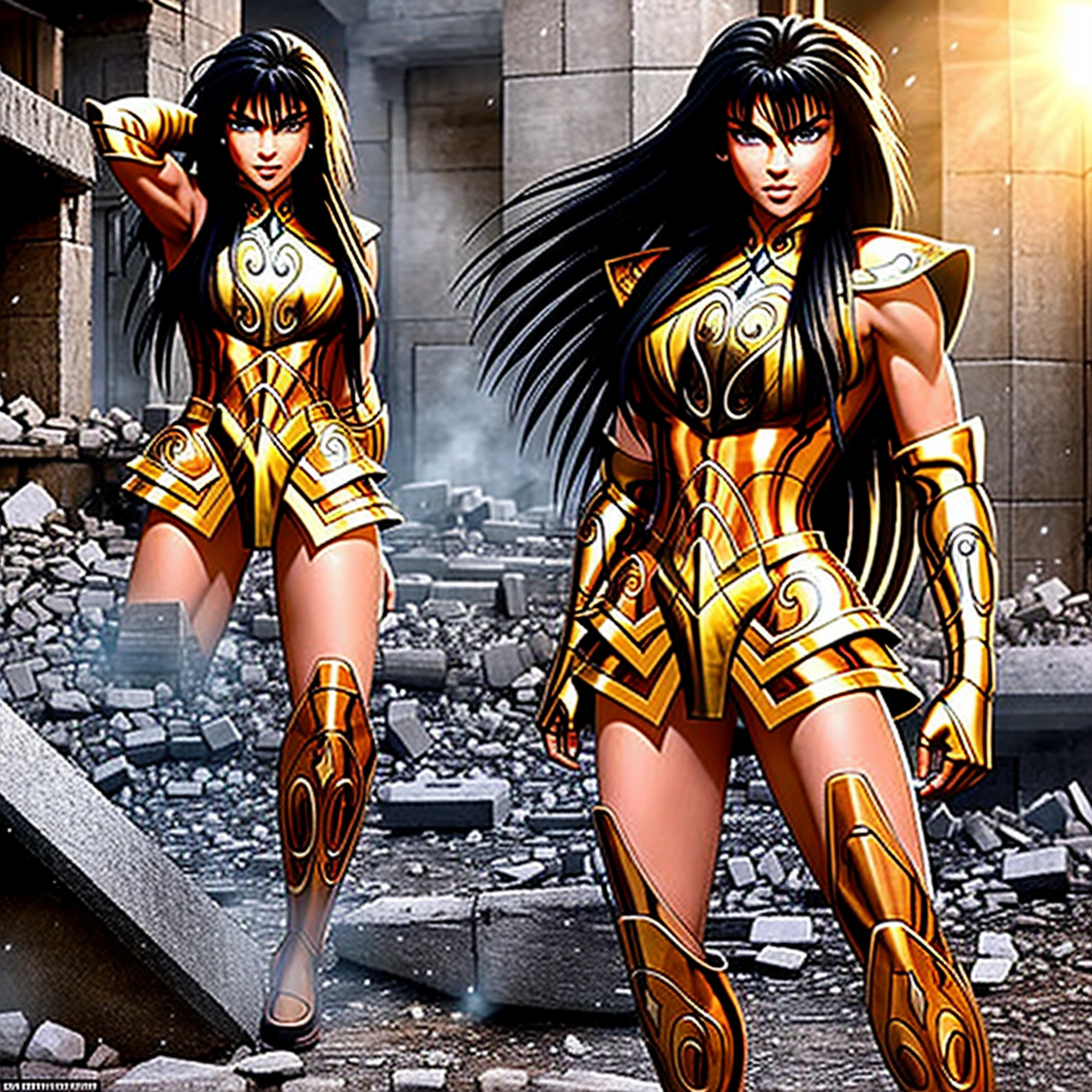 AquariusArmor, obra-prima, melhor qualidade, foco, Adriana Lima is wearing medieval armor and positioning herself confidently in the middle of a battlefield. Ela parece forte, poderosa e destemida, with a determined expression on the face. The armor glows in the sunlight, highlighting your toned and muscular physique. She is surrounded by the chaos and destruction of battle, with fallen soldiers and rubble strewn across the ground around them. Despite the violence and turmoil, Adriana Lima esbanja calma e controle, como se fosse dona do ambiente. The overall effect is majestic, inspirador e poderoso, com Adriana Lima aparecendo como uma rainha guerreira, comandando a cena montanha flutuante