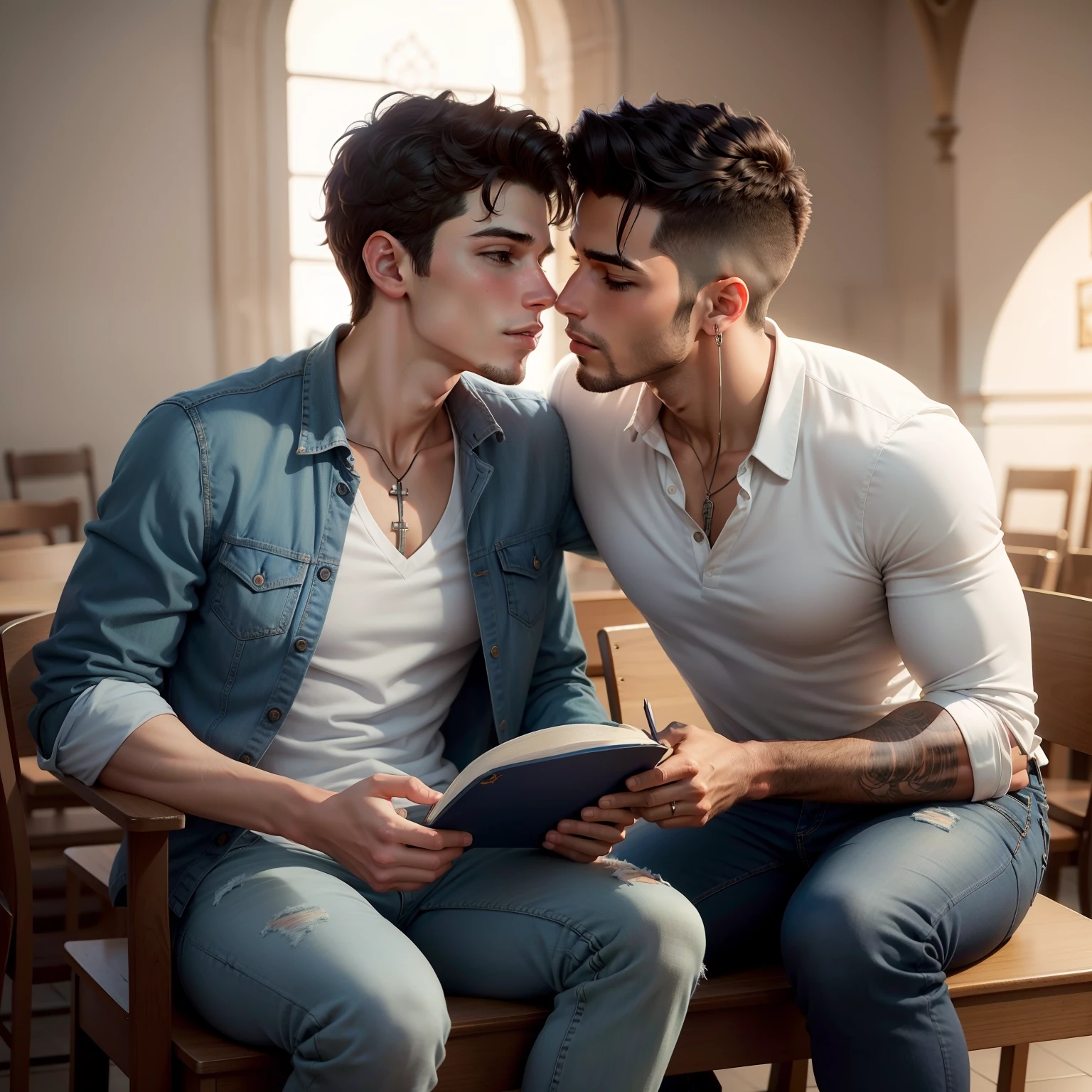 Dois jovens americanos homens beijando o outro. Um vestindo camisa polo azul, holding a bible and jeans and the other wearing white blouse with dark jacket. Evangelical church background.