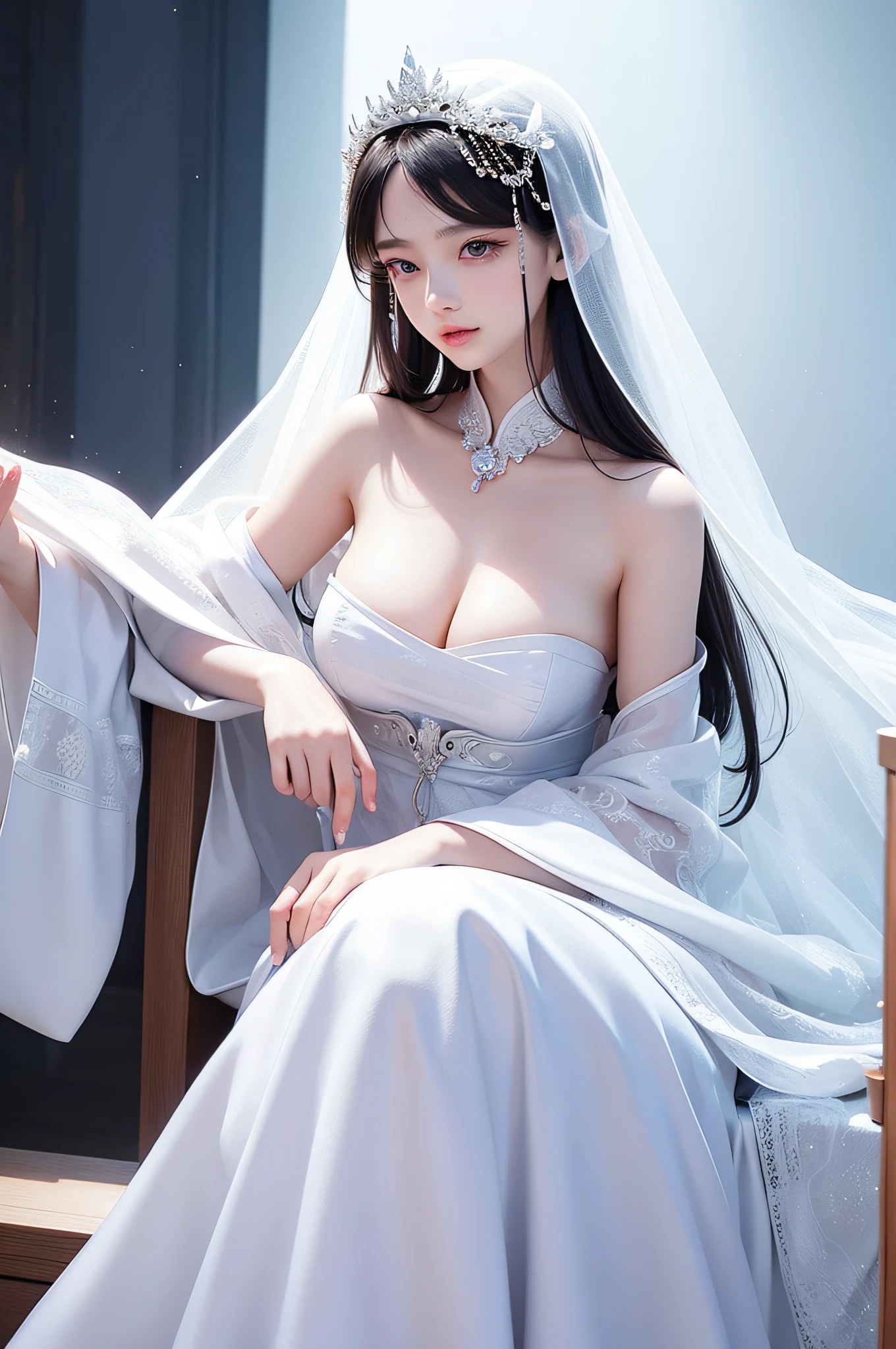 Alafe in a white dress and mirror veil, white hanfu, ethereal fantasy, white royal dress, flowing magic robe, palatial palace , a girl in hanfu, Ethereal essence, rococo dress, fantasy dress, ultra-detailliert, a beautiful detailed girl, 18Year old girl, Korea person, extremely detailed eye and face, Glossy glossy skin, Silky Super Long Straight