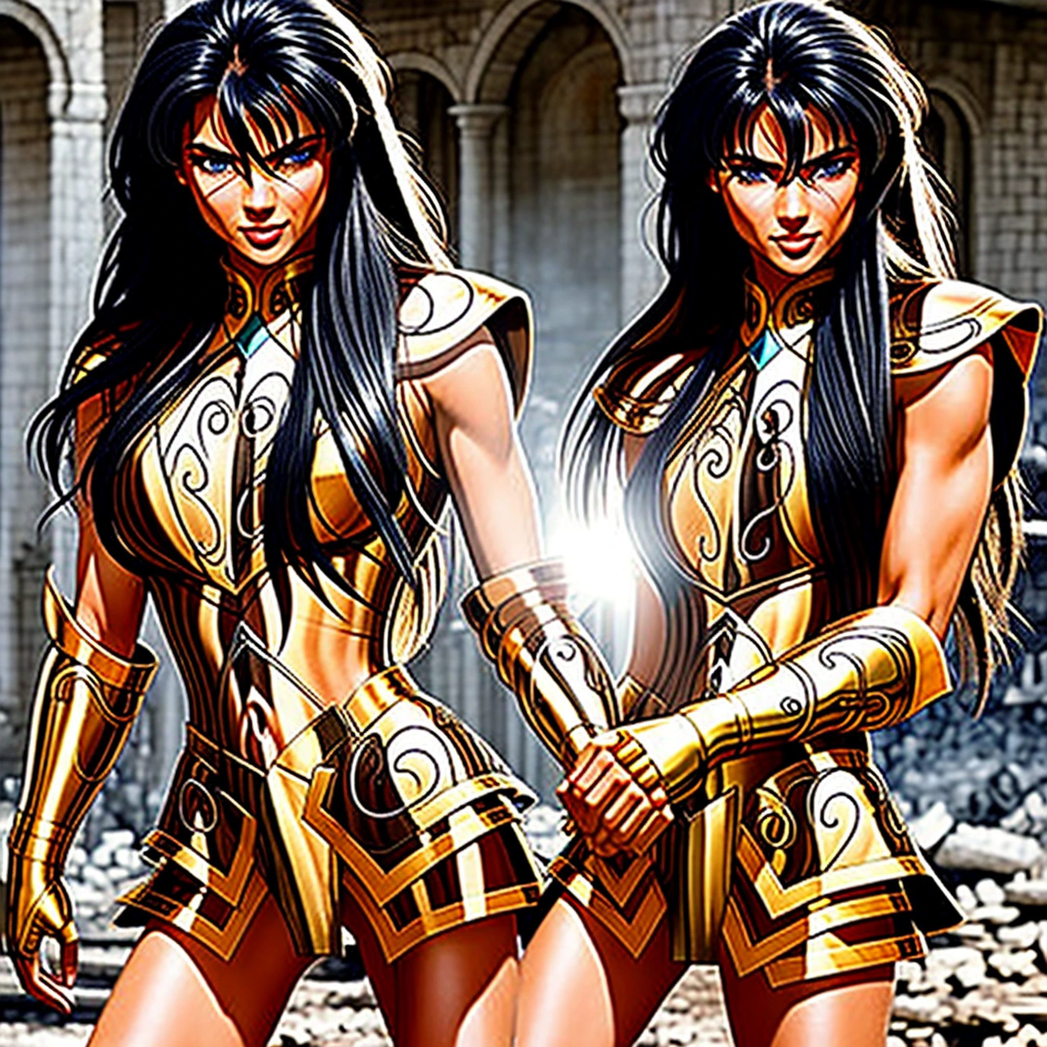 AquariusArmor, obra-prima, melhor qualidade, foco, Adriana Lima is wearing medieval armor and positioning herself confidently in the middle of a battlefield. Ela parece forte, poderosa e destemida, with a determined expression on the face. The armor glows in the sunlight, highlighting your toned and muscular physique. She is surrounded by the chaos and destruction of battle, with fallen soldiers and rubble strewn across the ground around them. Despite the violence and turmoil, Adriana Lima esbanja calma e controle, como se fosse dona do ambiente. The overall effect is majestic, inspirador e poderoso, com Adriana Lima aparecendo como uma rainha guerreira, comandando a cena montanha flutuante