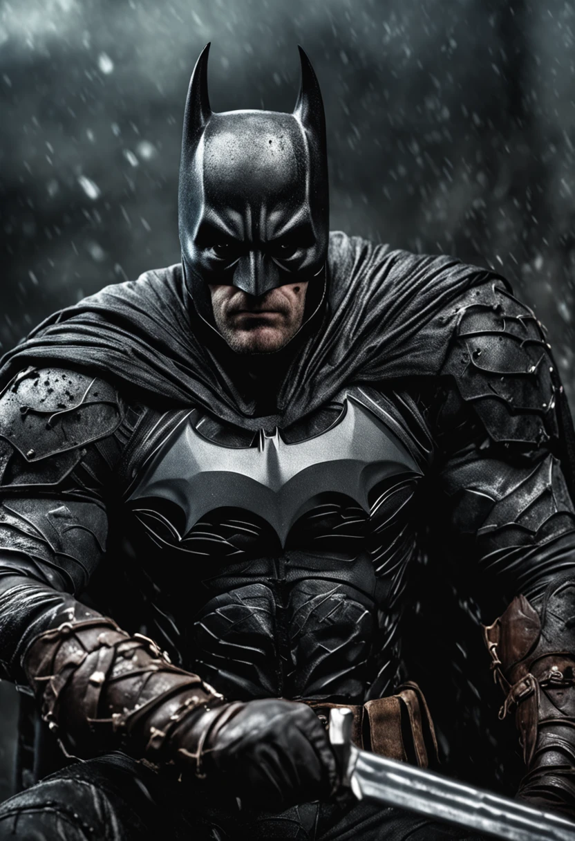 "Batman Viking , Sorriso esquerdo, blood tears, sombrio, qualidade excepcional, multiple facial scars, Batman que ri, armadura viking das trevas, Gothic style."
