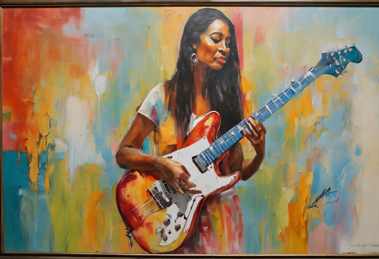 mujer blanca, pelo blanco, joven, guitarra electrica, luna, ciudad