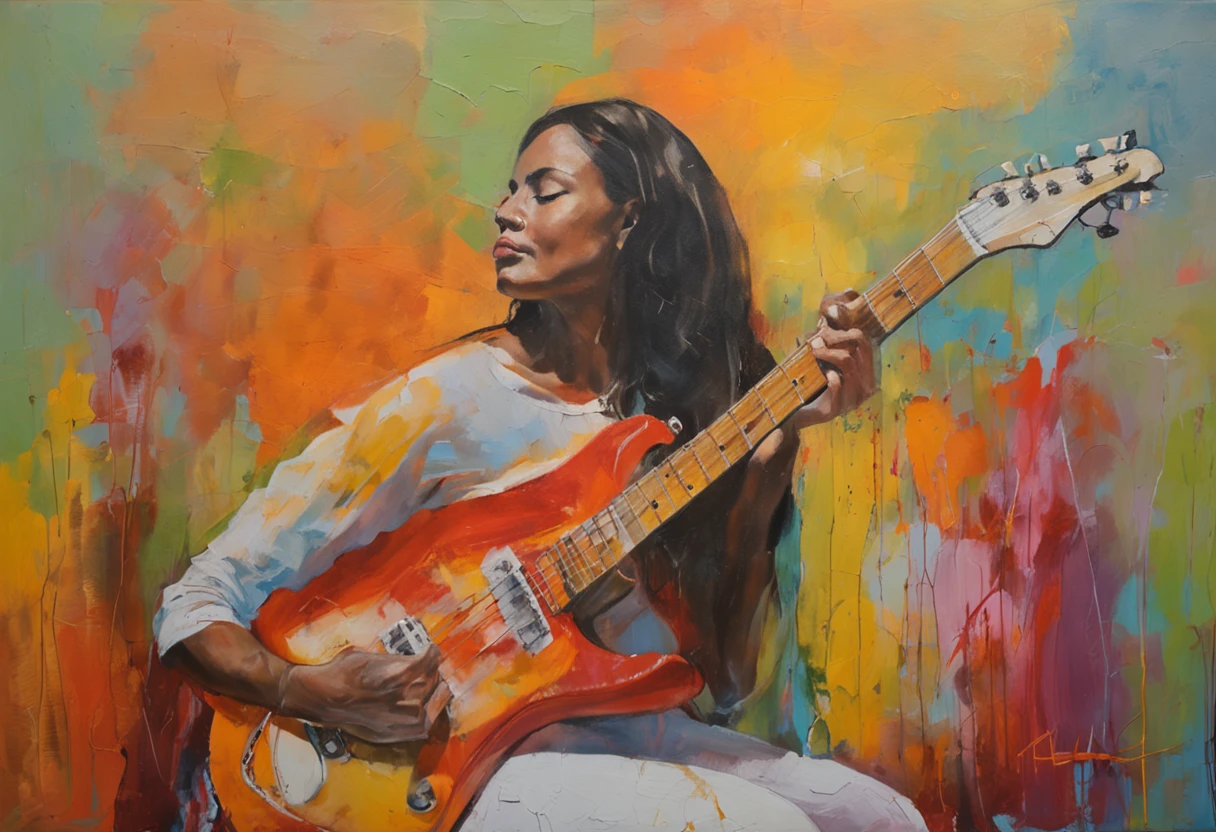 mujer blanca, pelo blanco, joven, guitarra electrica, luna, ciudad