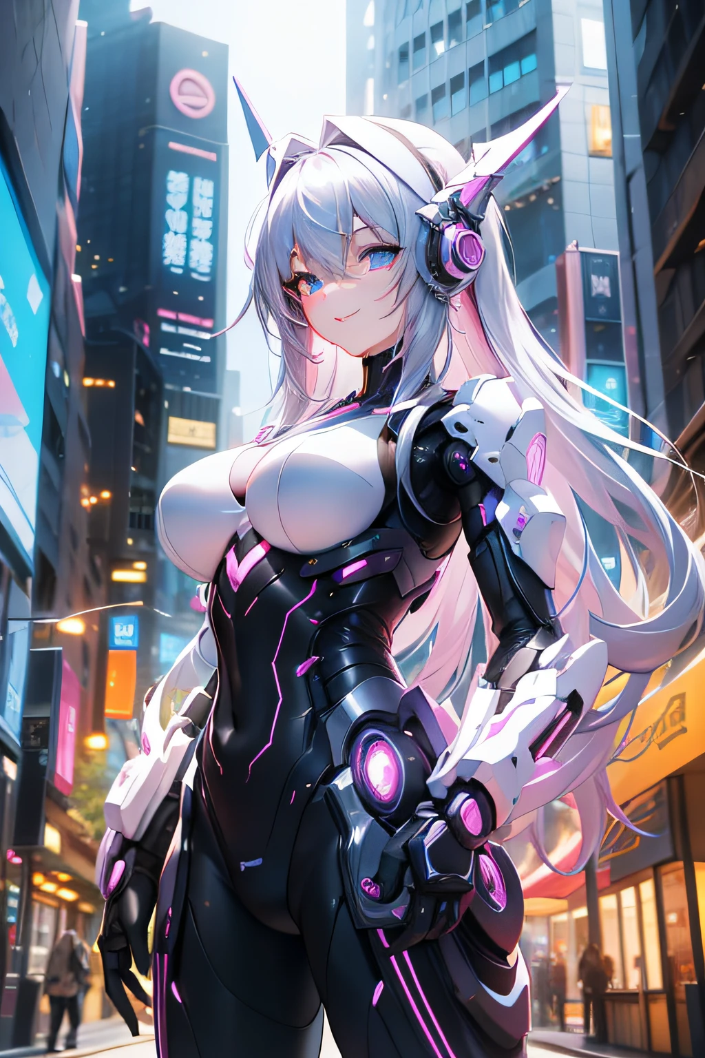 Award winning photo portrait of a cute smiling girl standing outside a cyberpunk neon city street：An award-winning photo of an electronic human，A beam of illuminated fiber-optic cable：0.2]，epic realistic，Artistically，（HDR：1.2），（pastel colour： 1.2)、downy、ultra - detailed、(artstation:1.5)、warm lights、Dramaticlight、(complexdetails:1.2)、Vignette、Complex background