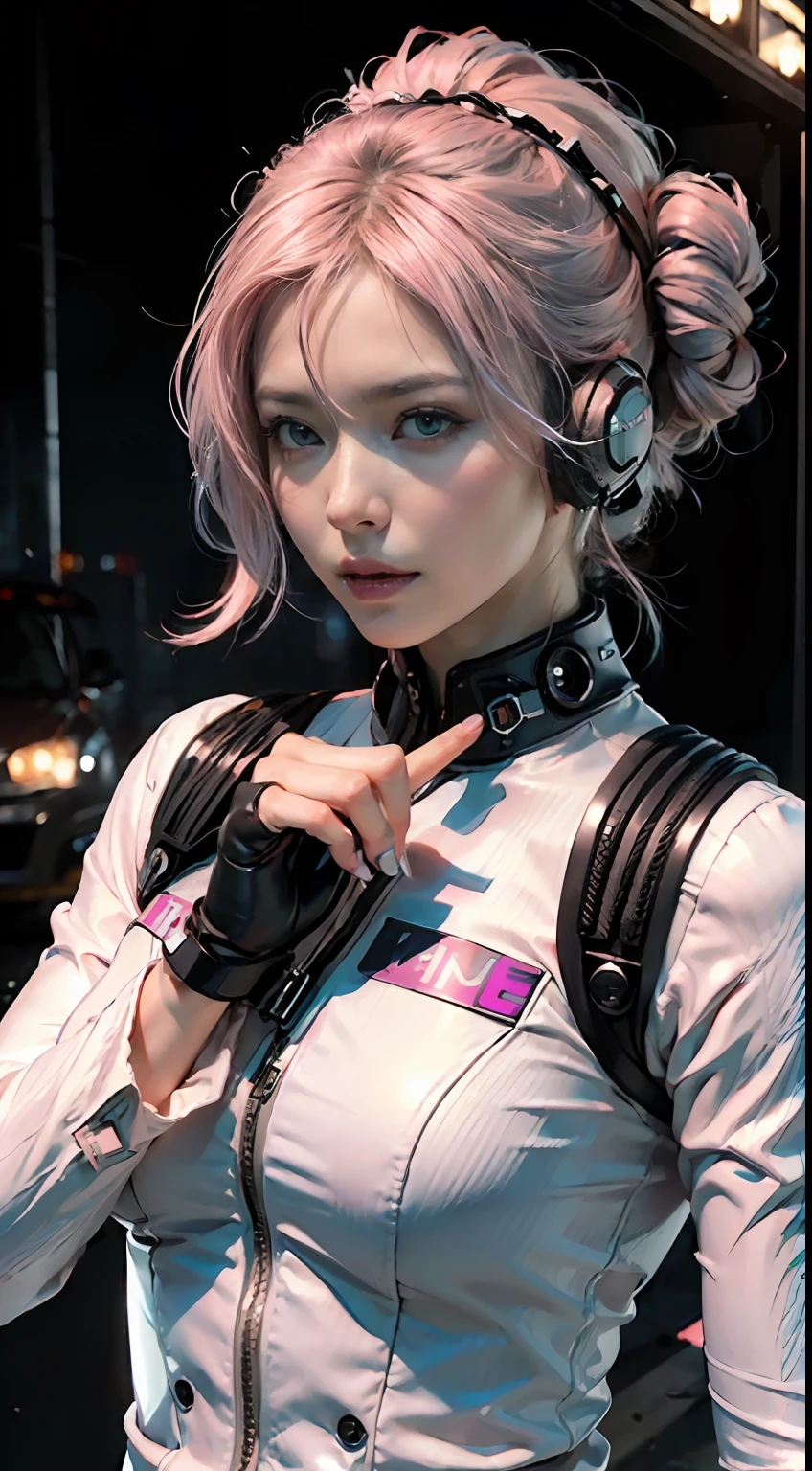 Top Quality, Ultra High Definition, (backlight), (Photorealistic: 1.4), (close up:1.5), 1 Beautiful Girl, (Kpop Idol), Detailed Face, (Pink updo Hair: 1.3),  Contrapposto, Smooth Skin, Perfect Anatomy, Professional Lighting, ((wearing Futuristic Police Racing Suits, police wappen, High-tech Headset, military harness, racing gloves, machinegun)), ("POLICE", Cloths based on silver pink black white), (background, (Audience Coming close), crashed cars, fire, (Explosion)),