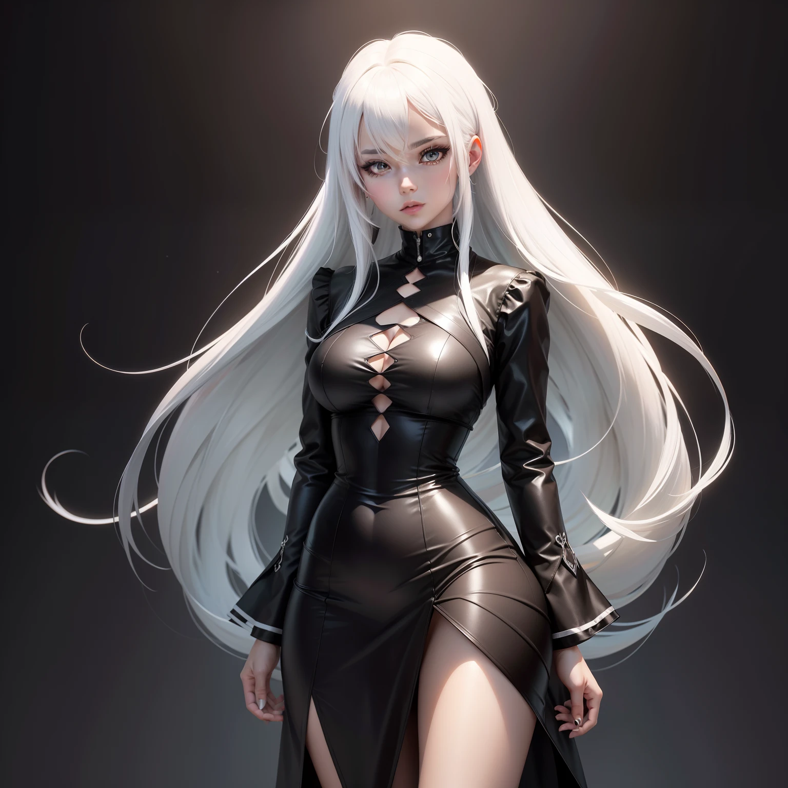 Anime character with white hair and black clothing standing in front of a gray background, single character full body, divindade de cabelos brancos, Cabelos compridos humanoide Fursona, full body adoptable, personagem estilo anime, full body single character, design de roupa clara, her hair is white, corpo inteiro!, anime vtuber modelo de corpo inteiro, !!retrato de corpo inteiro!!, oc renderizado