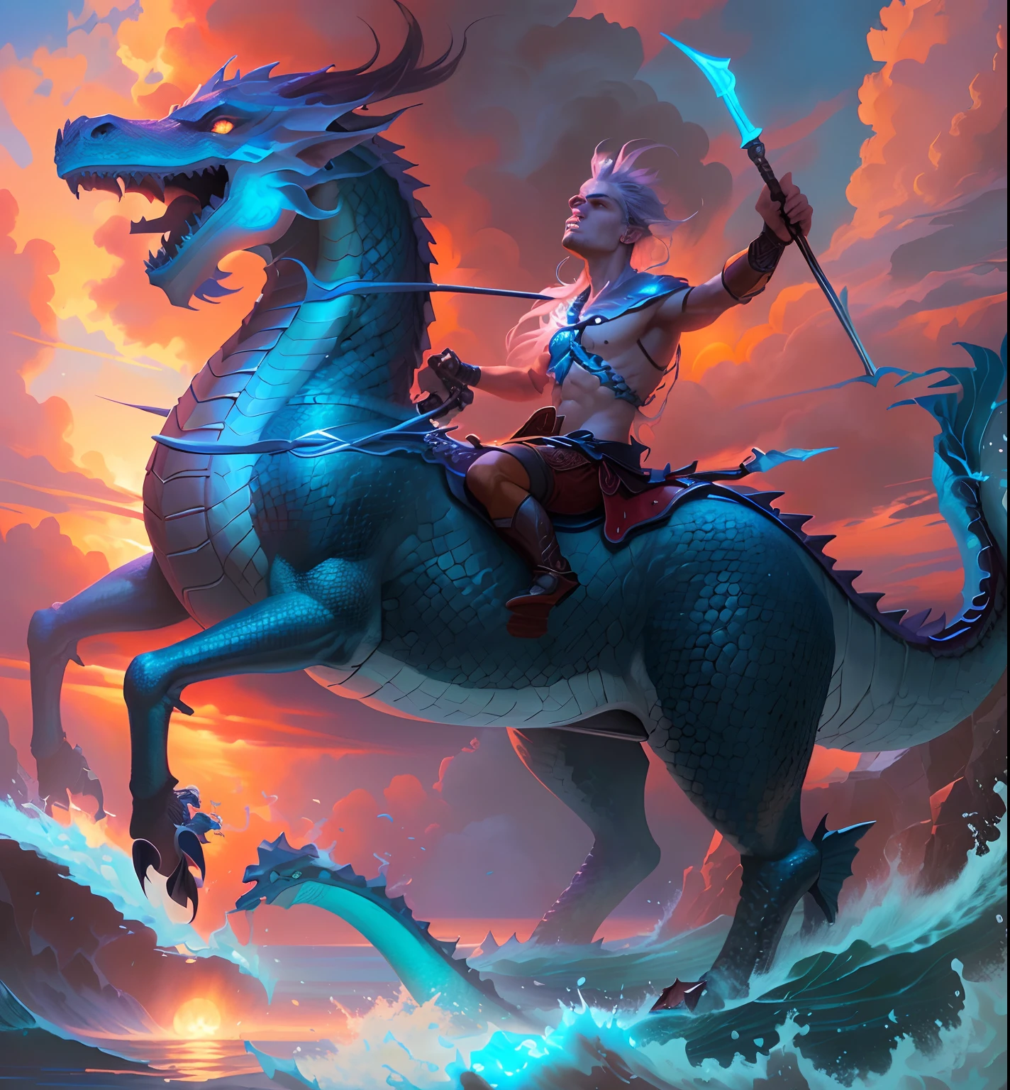The boy rides a horse with a spear on the waves., Dragon Rider, Portrait of a mermaid warrior, Merfolk riding water horse, Dragon Riding Boy, epic fantasy digital art style, Rob Ray, Epic Fantasy Illustration, epic fantasy novel art cover, Dragon Ride, by Adam Marczyński, Jesus rides a dragon, by Kerembeyit