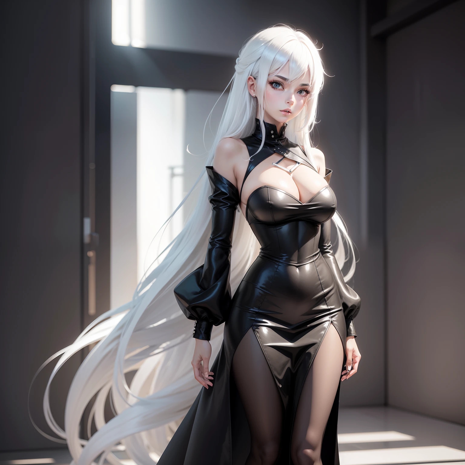 Anime character with white hair and black clothing standing in front of a gray background, single character full body, divindade de cabelos brancos, Cabelos compridos humanoide Fursona, full body adoptable, personagem estilo anime, full body single character, design de roupa clara, her hair is white, corpo inteiro!, anime vtuber modelo de corpo inteiro, !!retrato de corpo inteiro!!, oc renderizado