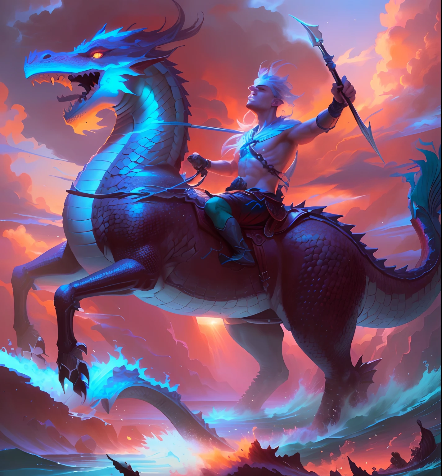 The boy rides a horse with a spear on the waves., Dragon Rider, Portrait of a mermaid warrior, Merfolk riding water horse, Dragon Riding Boy, epic fantasy digital art style, Rob Ray, Epic Fantasy Illustration, epic fantasy novel art cover, Dragon Ride, by Adam Marczyński, Jesus rides a dragon, by Kerembeyit