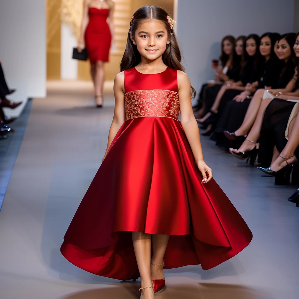 An American girl with elegant logos hair wearing a long red dress and wearing heels with details on it parading on the runway next to that of her elegant little sister