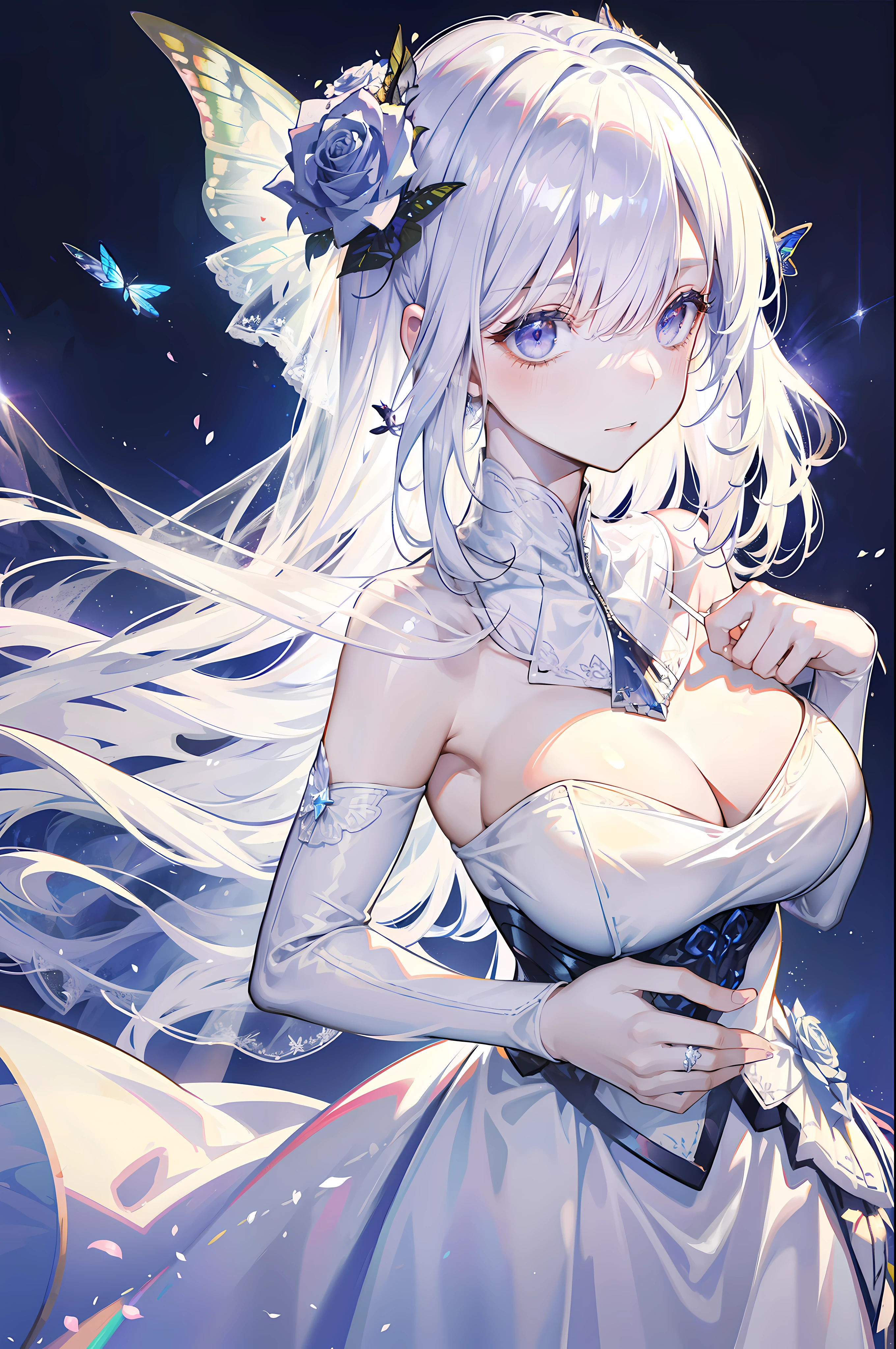 silber hair,butterflys,long whitr hair,white wedding gown,8k wallpaper,detailedbackground,Highest high resolution,deep v big breasts,Hair covers one eye,Bandeau wedding dress,chies,White rose,tight-fitting,