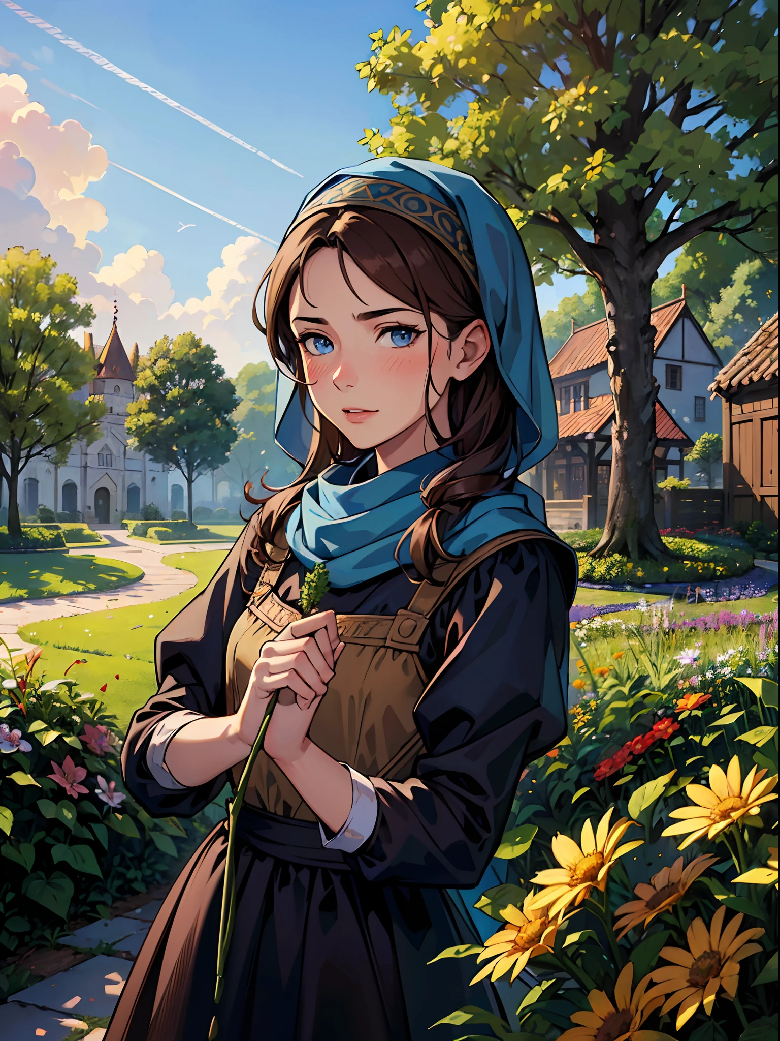 masterpiece, best quality, depth of field, HDR, intricate, absurdres, gorgeous, (detailed face), (((female peasant))) is gardening, pitchfork, nice atmosphere, enthusiastic facial expression, flower, sky, 1girl, outdoors, tree, blush, brown hair, blue eyes, day, looking at a viewer, head scarf,