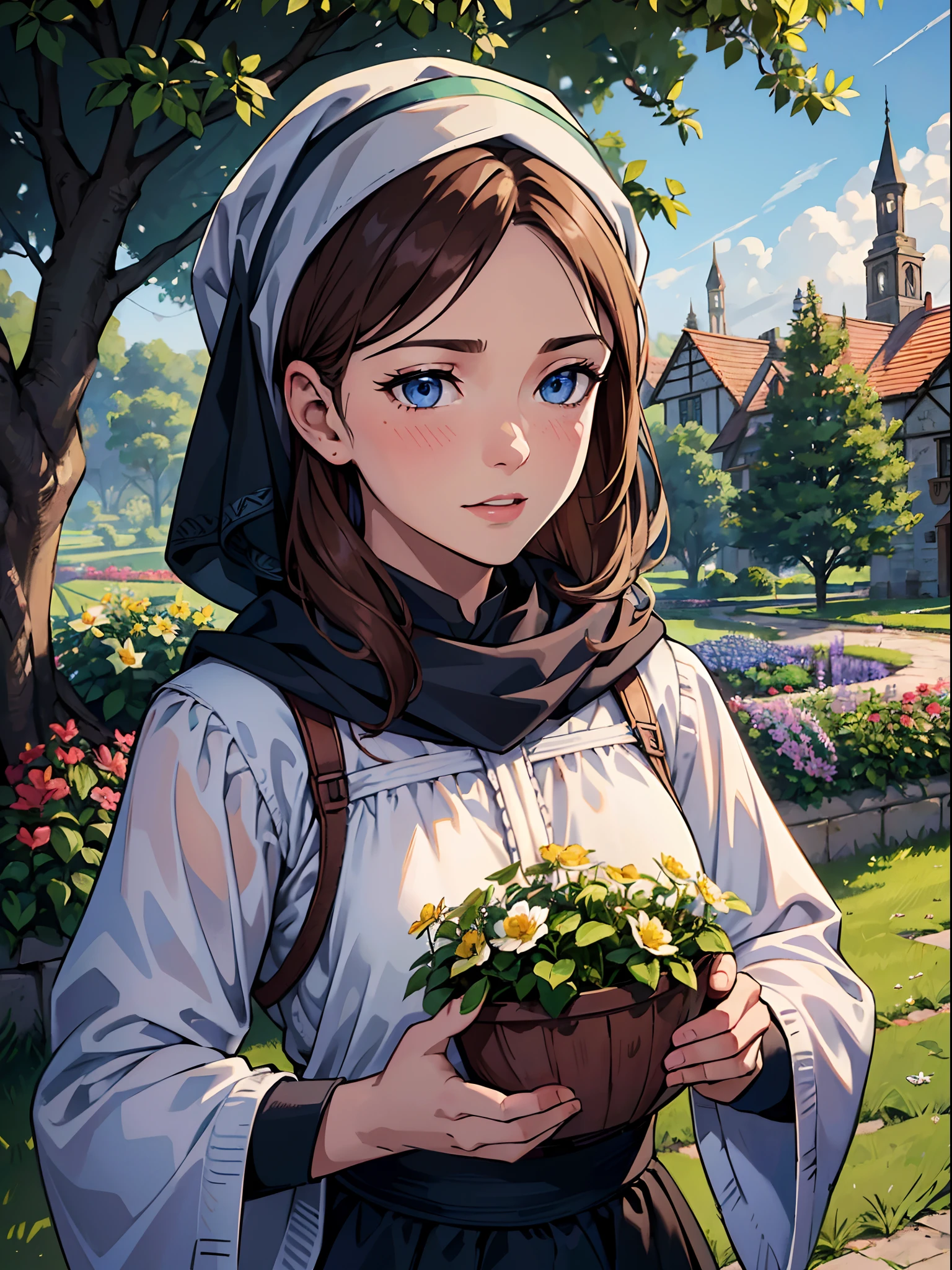 masterpiece, best quality, depth of field, HDR, intricate, absurdres, gorgeous, (detailed face), (((female peasant))) is gardening, pitchfork, nice atmosphere, enthusiastic facial expression, flower, sky, 1girl, outdoors, tree, blush, brown hair, blue eyes, day, looking at a viewer, head scarf,