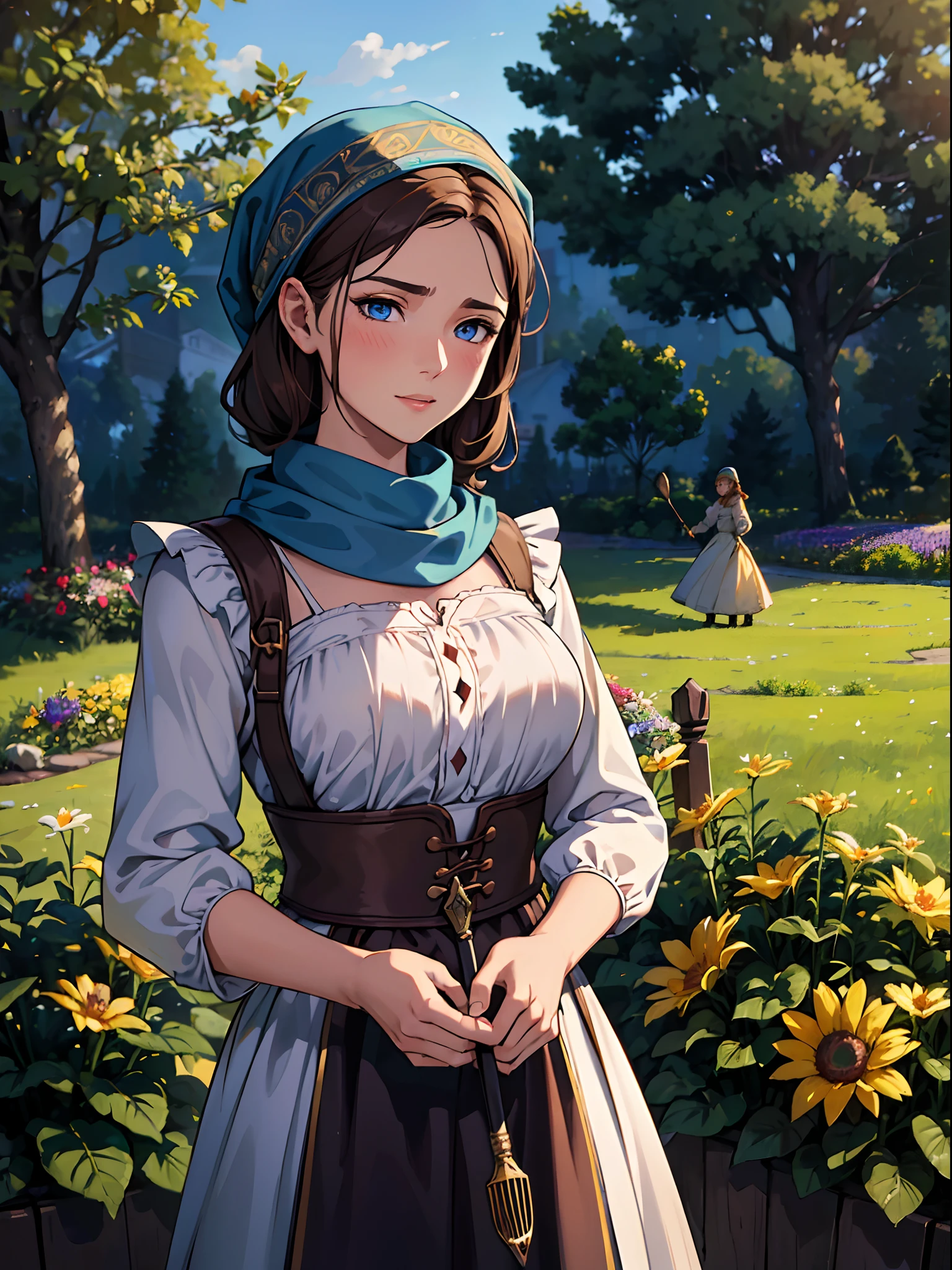 masterpiece, best quality, depth of field, HDR, intricate, absurdres, gorgeous, (detailed face), (((female peasant))) is gardening, pitchfork, nice atmosphere, enthusiastic facial expression, flower, sky, 1girl, outdoors, tree, blush, brown hair, blue eyes, day, looking at a viewer, head scarf,