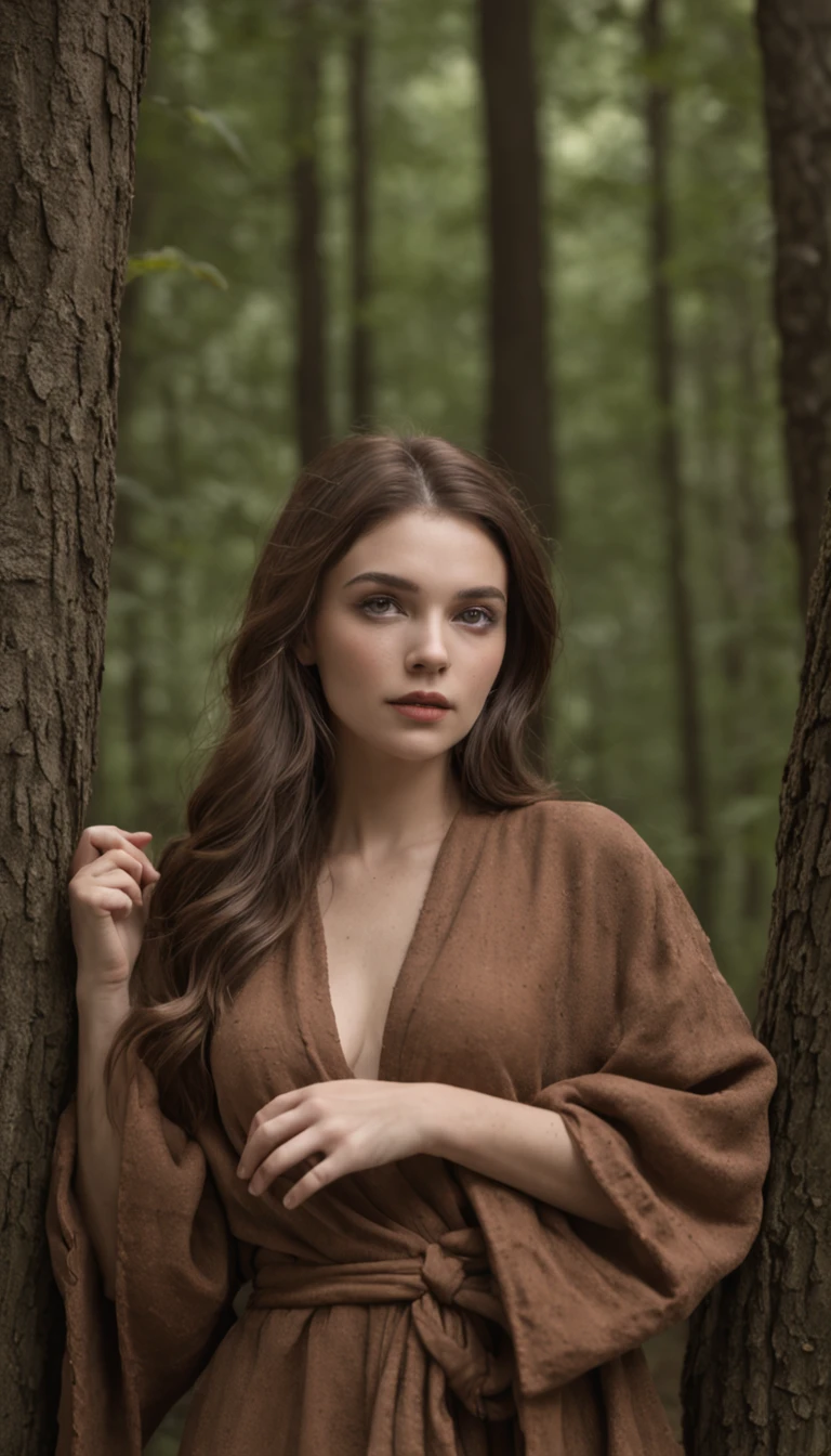 "Una obra maestra extraordinaria, con detalles intrincados, Capturando la esencia del absurdo (+1.2 impulso de creatividad). Una foto fascinante de una chica soltera, Ubicado en las profundidades del bosque oscuro. Ella se para junto a una hoguera crepitante, Dressed in a rustic brown robe."
