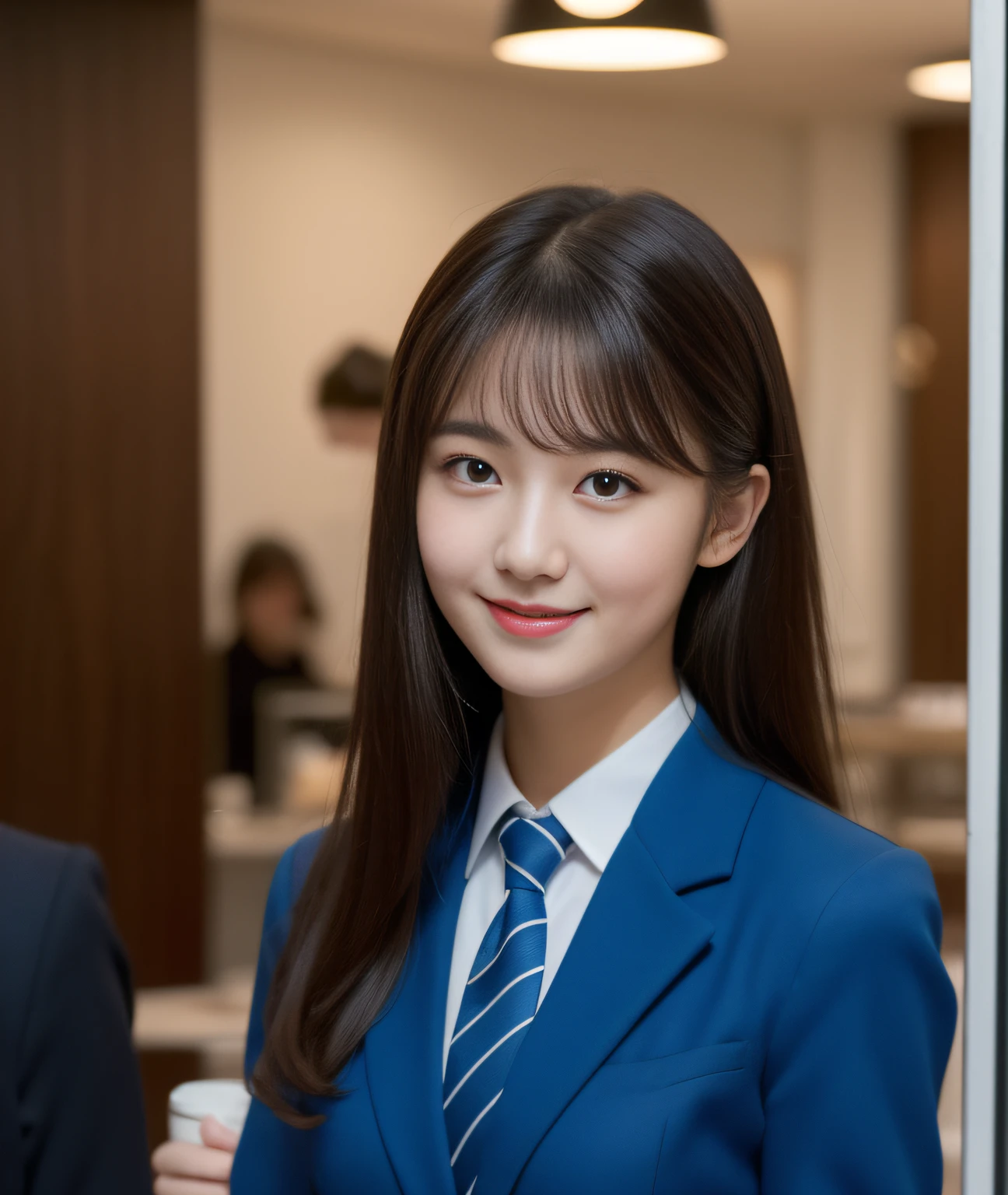((Best Quality, 8K, Masterpiece: 1.3)), a beauti, In addition, melon face, Friendly and cute, sweet smile, Pure desire, Slender body, (s whole body), (tilted head), ((looking at camera)), Medium Black Silky Straight Hair, Long flowing shoulders, round black big eyes, clear big eyes, moist red lips, Cafe shop background, ((full body shooting)), (Blue Blazer, bows, Sock, High School Uniform: 1.2, ), (Middle breast)